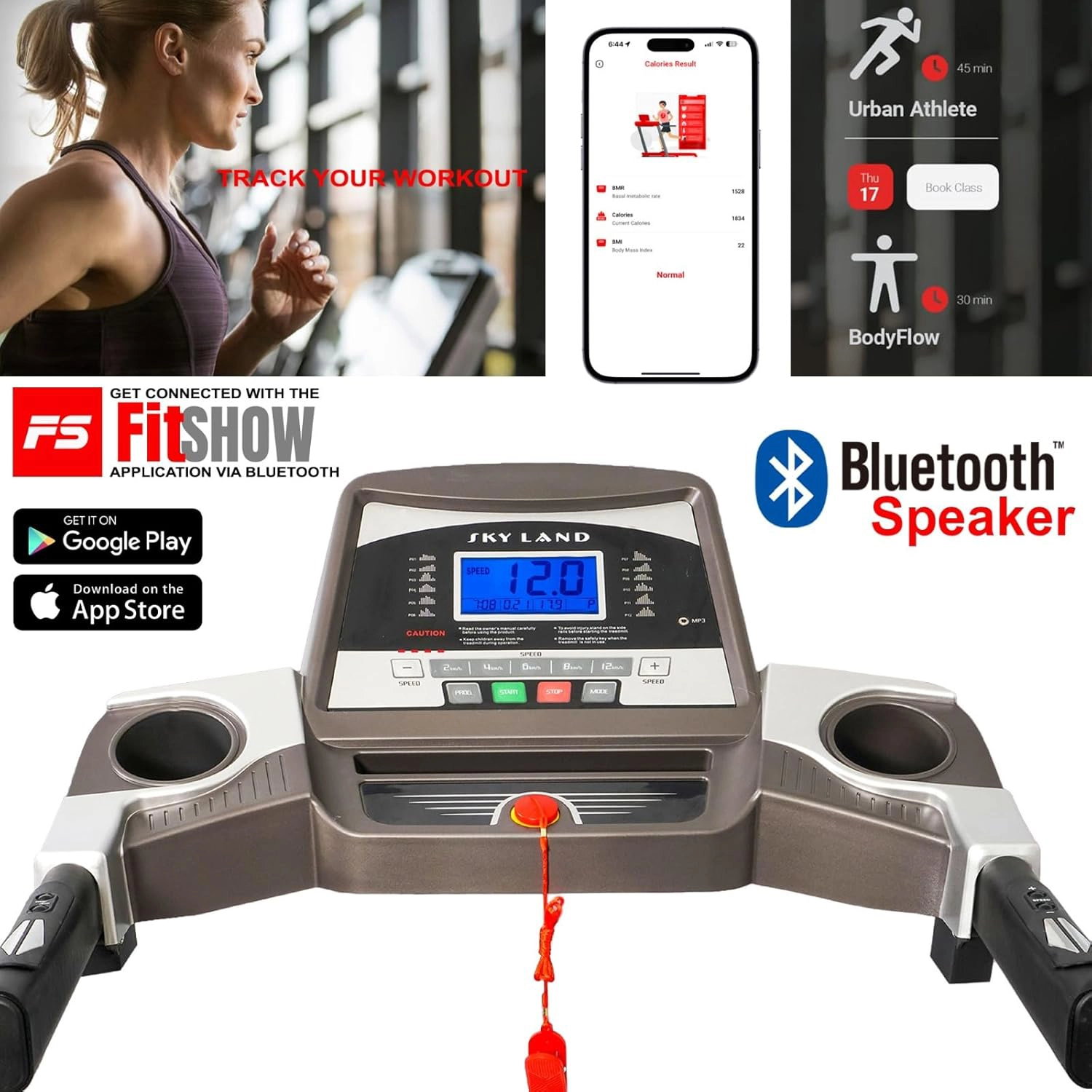 SKY LAND Treadmill with Manual Incline & Ab Roller Combo for Home Gym | Foldable Running Machine, 4HP Peak Motor, Bluetooth App, LCD Display, Body Massager, Cardio Workout Equipment - Image 7