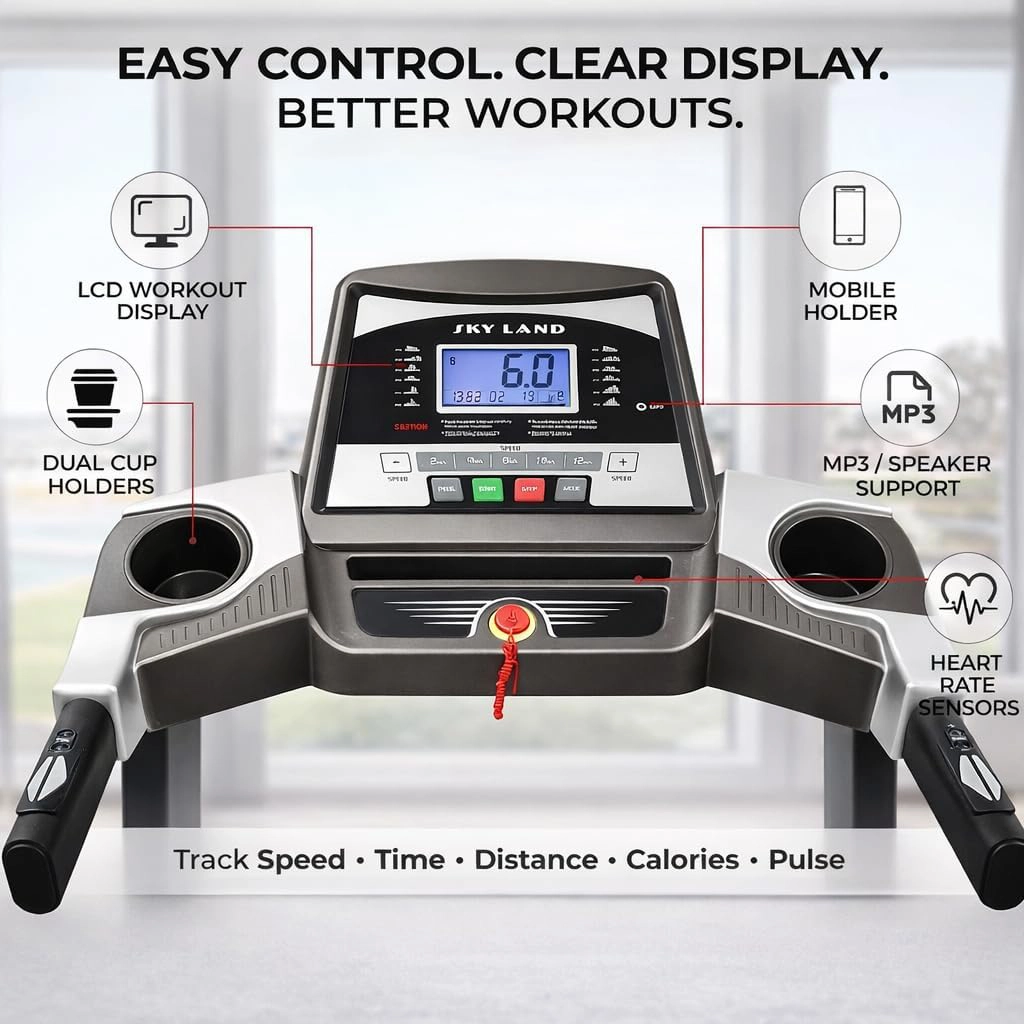 SKY LAND Treadmill with Manual Incline & Ab Roller Combo for Home Gym | Foldable Running Machine, 4HP Peak Motor, Bluetooth App, LCD Display, Body Massager, Cardio Workout Equipment - Image 4