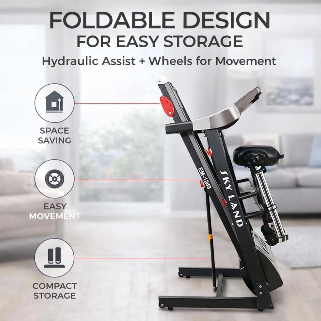 SKY LAND Treadmill with Manual Incline & Ab Roller Combo for Home Gym | Foldable Running Machine, 4HP Peak Motor, Bluetooth App, LCD Display, Body Massager, Cardio Workout Equipment - Image 5