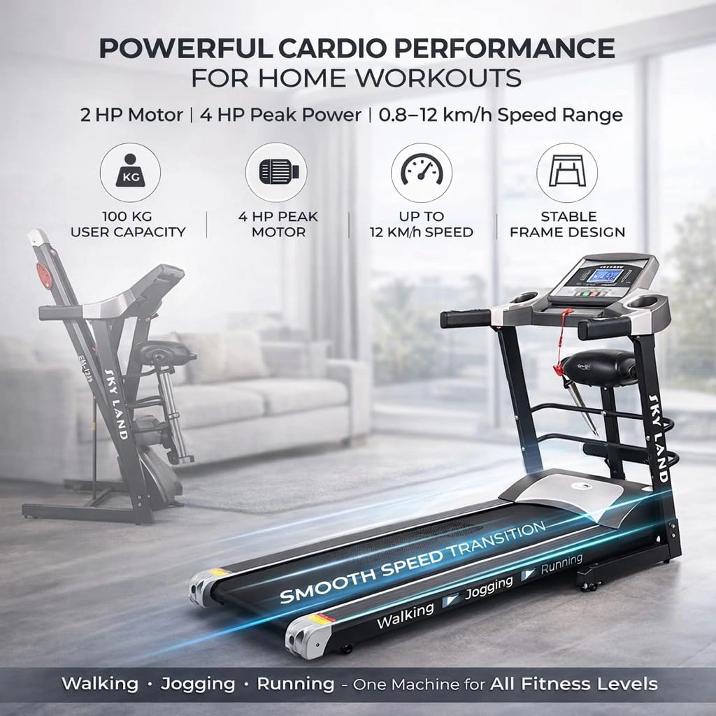 SKY LAND Treadmill with Manual Incline & Ab Roller Combo for Home Gym | Foldable Running Machine, 4HP Peak Motor, Bluetooth App, LCD Display, Body Massager, Cardio Workout Equipment - Image 6