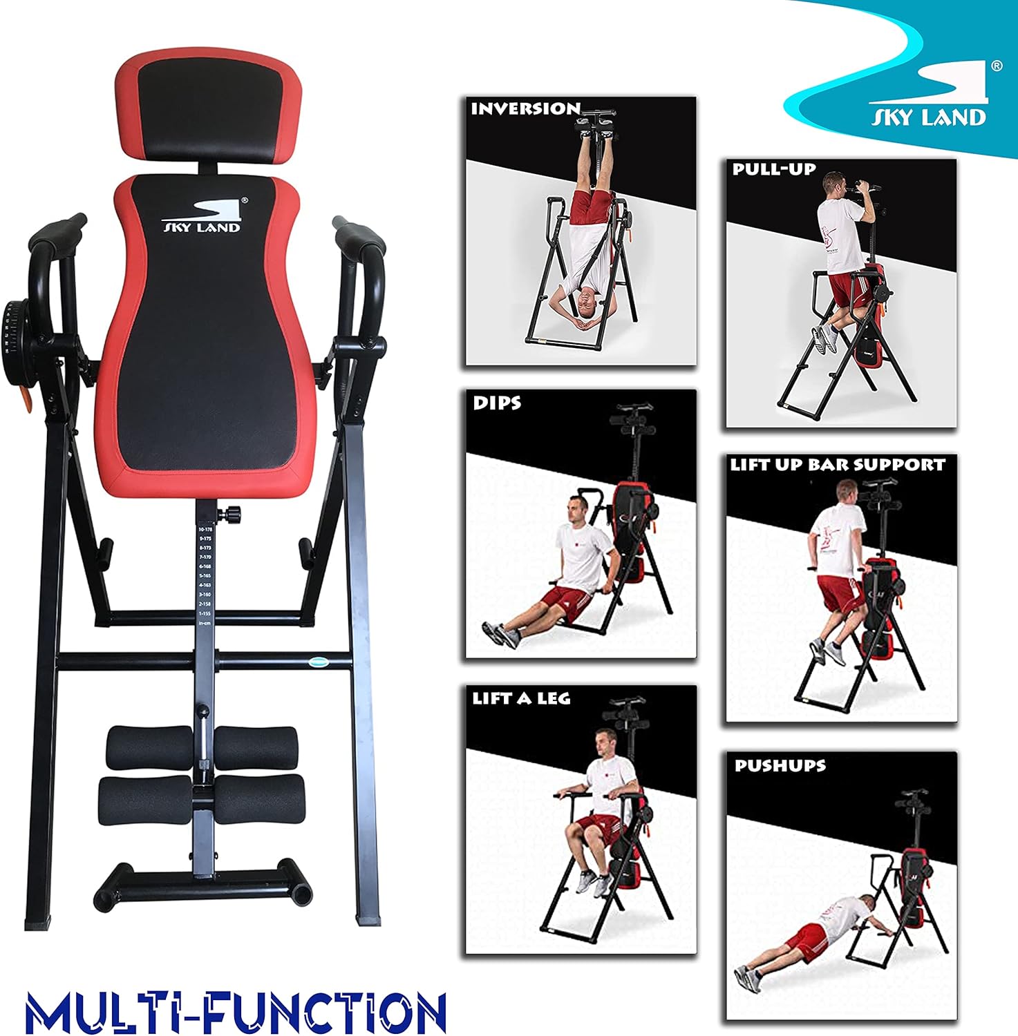 SKY LAND multi-function inversion table with pull-up bar, dip station, push-up support, leg raise functionality, and adjustable inversion therapy system for home fitness training.
