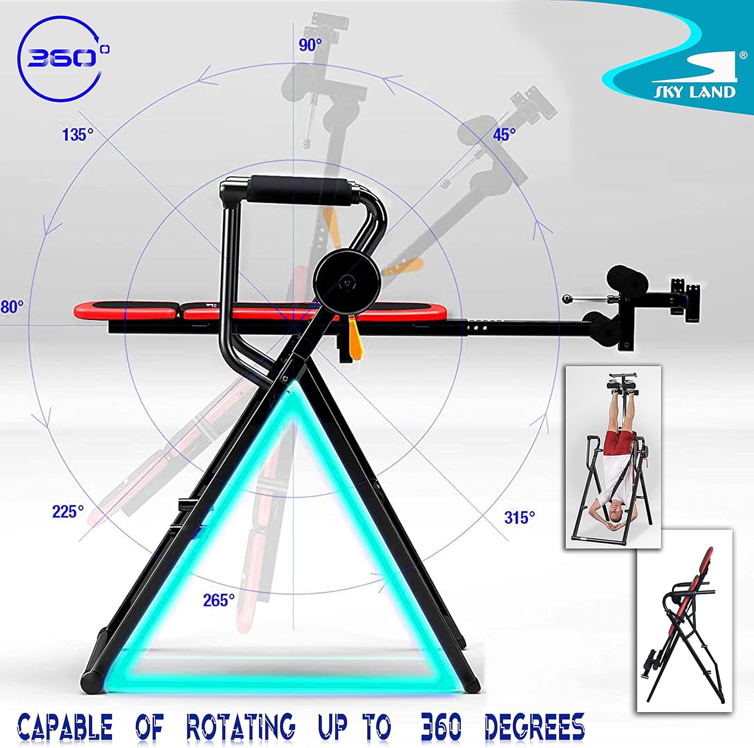 SKY LAND 360-degree inversion table with adjustable rotation control, ergonomic backrest, ankle support system, and foldable frame for spinal decompression and inversion therapy.