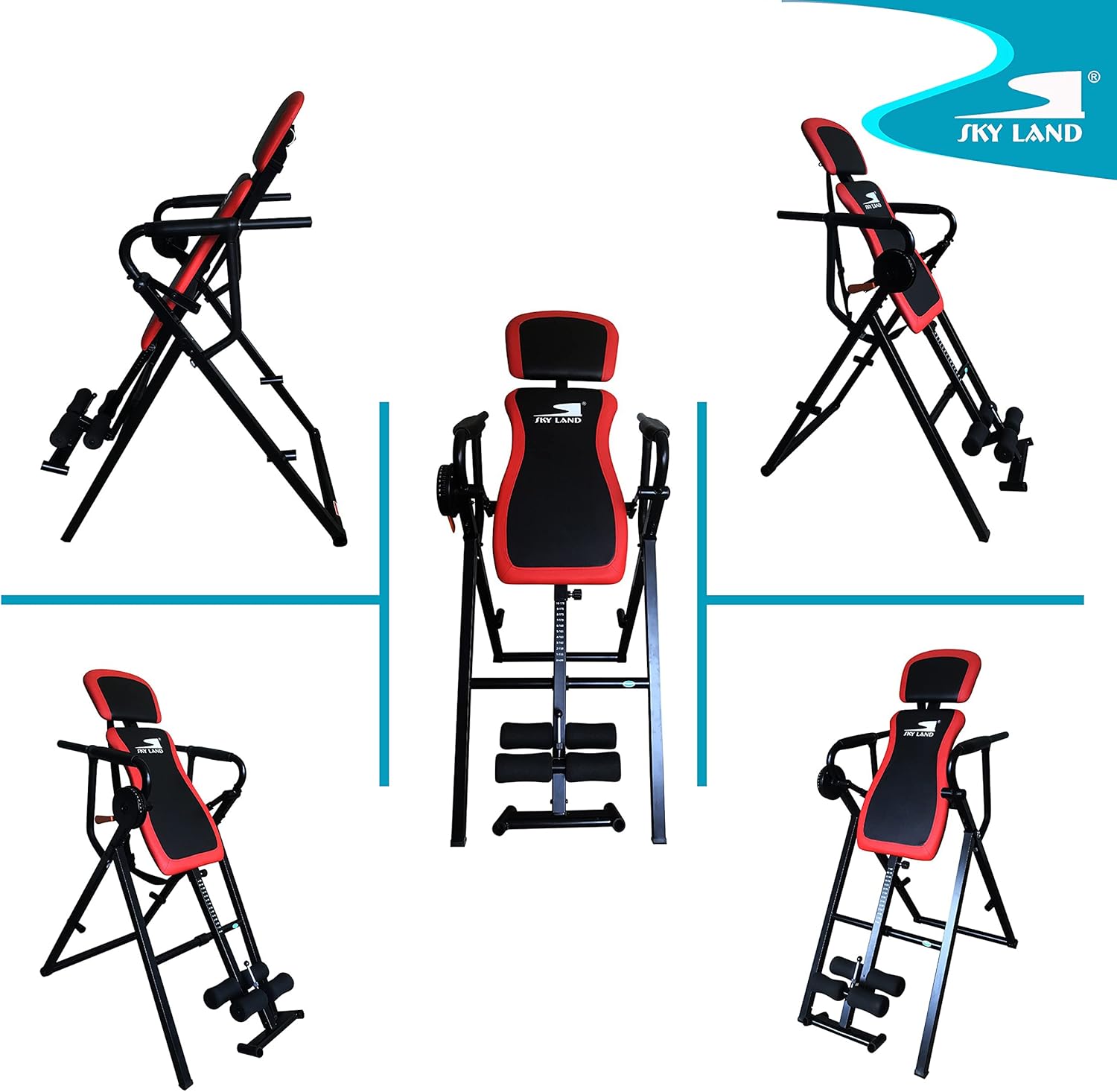 SKY LAND adjustable inversion table shown from multiple angles with ergonomic backrest, ankle support rollers, sturdy steel frame, and foldable design for inversion therapy.