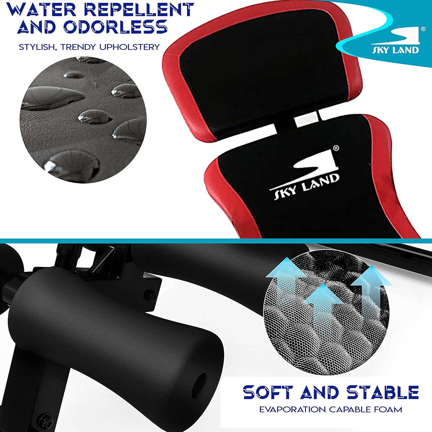 SKY LAND inversion table featuring water-resistant upholstery, ergonomic padded backrest, soft ankle support rollers, and comfortable foam cushioning for inversion therapy.