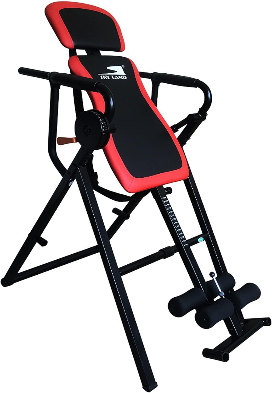 SKY LAND inversion table with adjustable height settings, padded backrest, ankle support rollers, and ergonomic design for inversion therapy and spinal decompression.
