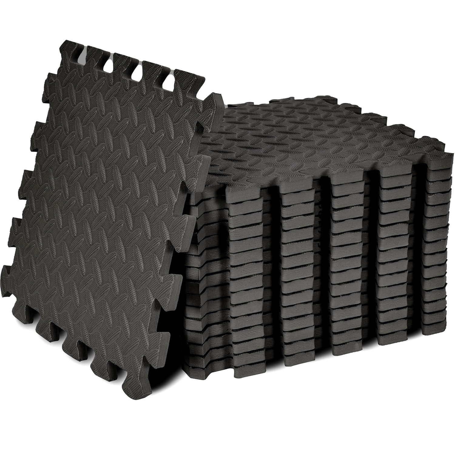 SKY LAND EM-9360-B black EVA puzzle exercise mat pack of 16 interlocking foam floor tiles with textured non-slip surface for home gym, fitness, yoga, garage, and equipment floor protection.