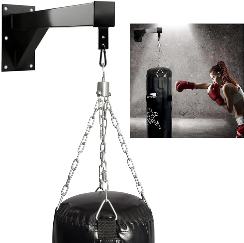 SKY LAND EM-1877 punching bag wall mount bracket supporting a hanging heavy bag with steel chains, showcasing stable wall-mounted installation for boxing, MMA, and fitness training.