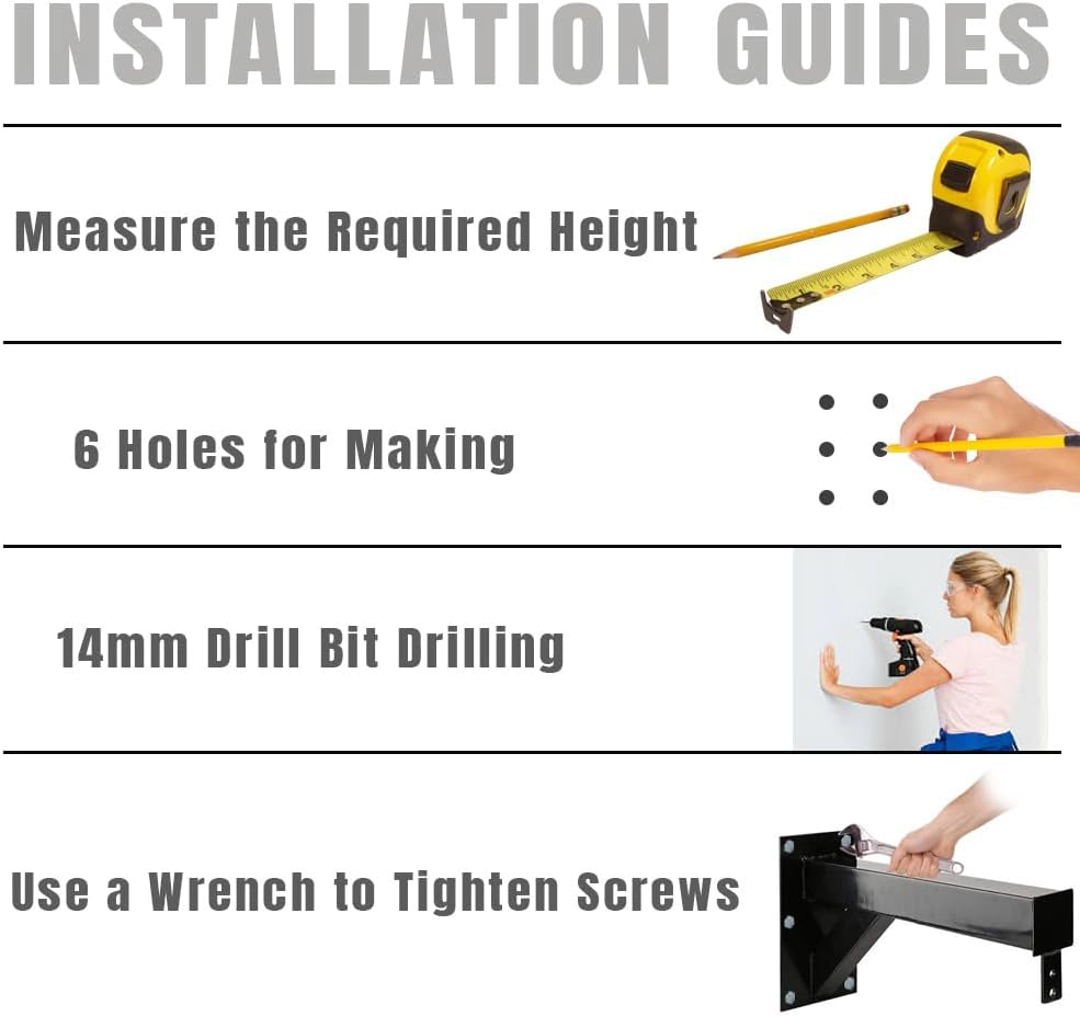 SKY LAND EM-1877 punching bag wall mount installation guide showing measuring, marking drill holes, drilling with a 14mm bit, and tightening the bracket securely with a wrench.
