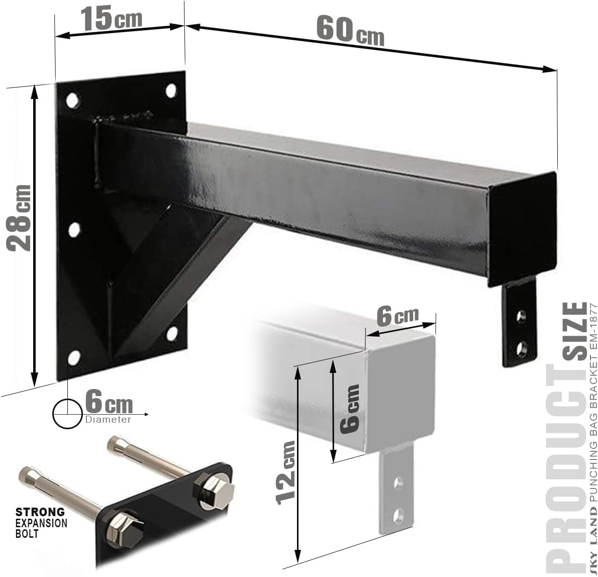 SKY LAND EM-1877 punching bag wall mount bracket with product dimensions, reinforced steel frame, heavy-duty support arm, mounting plate, and expansion bolt hardware for secure installation.