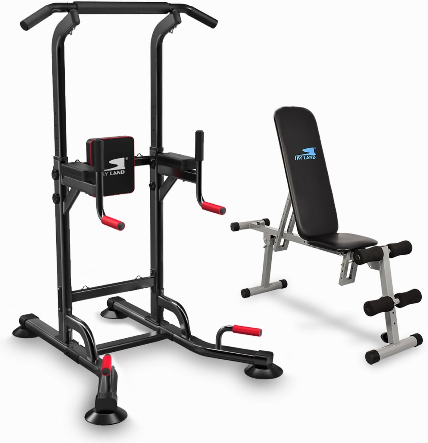 SKY LAND Pro Power Tower & Adjustable Sit-Up Bench Bundle – Heavy-Duty Steel, Multi-Function Home Gym Station for Dips, Pull-Ups, Push-Ups, Adjustable Angles Workout Bench (EM-1841+EM-1525 Bundle)