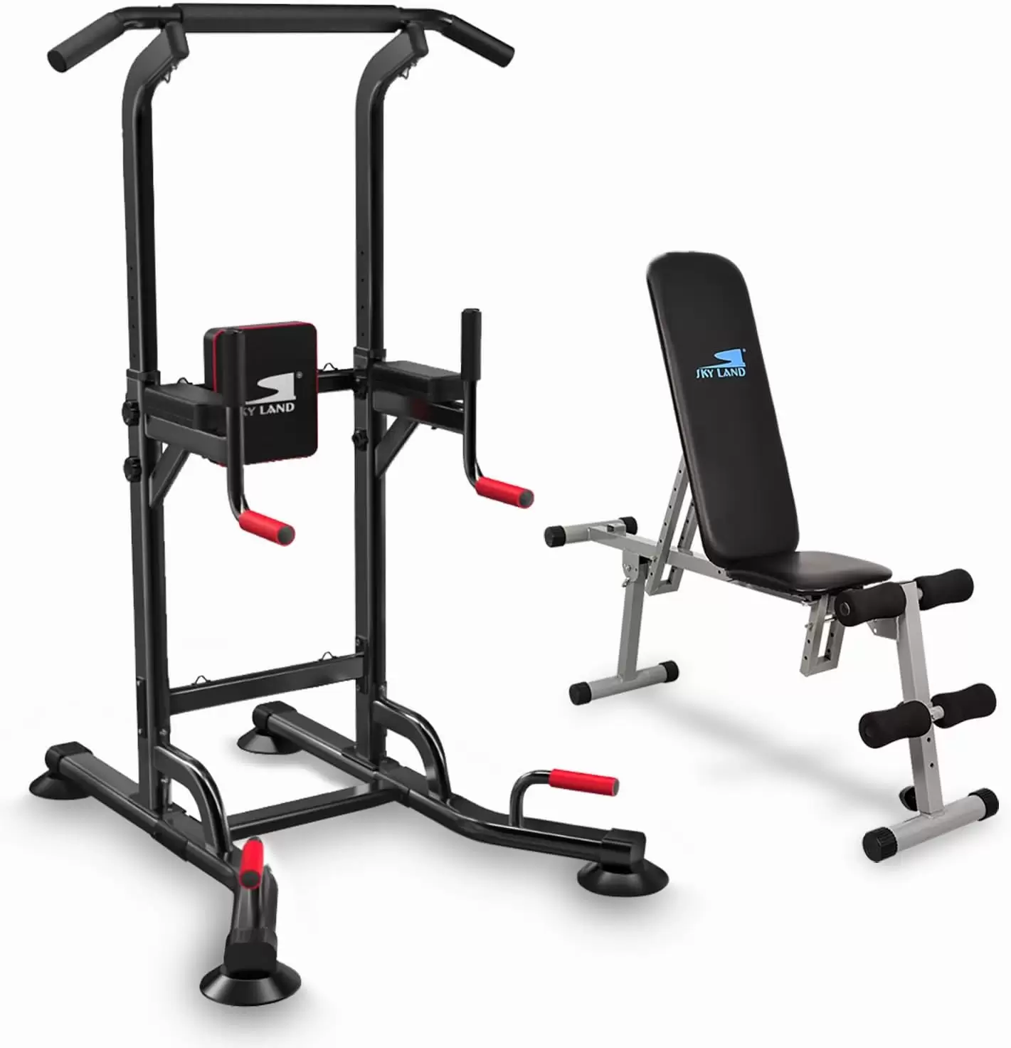 SKY LAND Power Tower with Adjustable Sit-Up Bench home gym combo featuring pull-up bar, dip station, push-up handles, vertical knee raise station, and adjustable weight bench.
