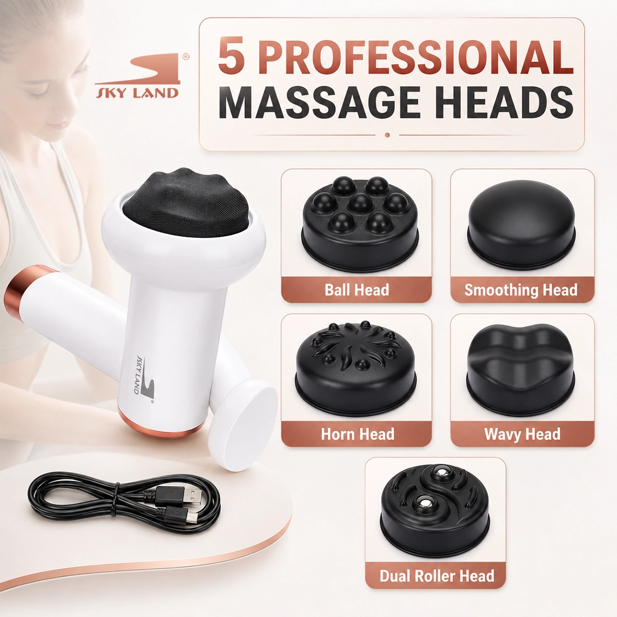 SKY LAND EM-4139 massage gun with 5 interchangeable massage heads, USB charging cable, and cordless deep tissue body massager accessories for customized muscle recovery.