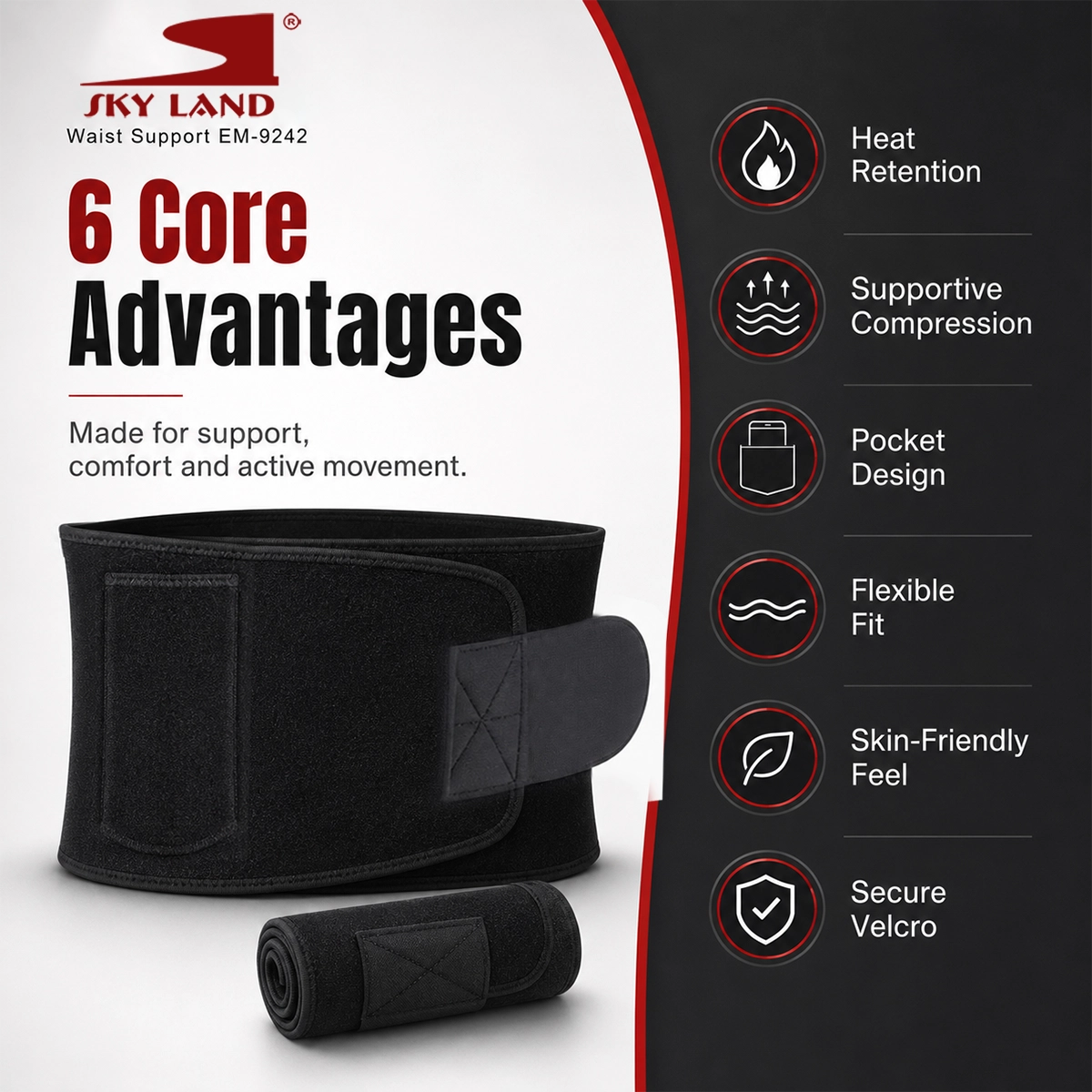SKY LAND Waist Support Sweat Belt for Men and Women - Contoured Non-Slip Waist Trainer, Black - EM-9242 - Image 4