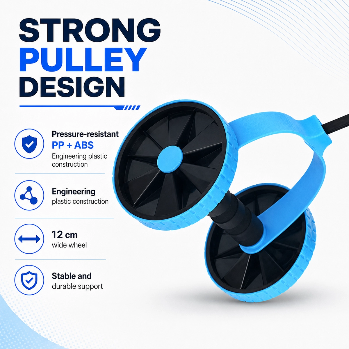 EM-1843-B Dual Ab Roller with Strong Pulley Design, 12cm Wide Wheels and Durable PP+ABS Construction