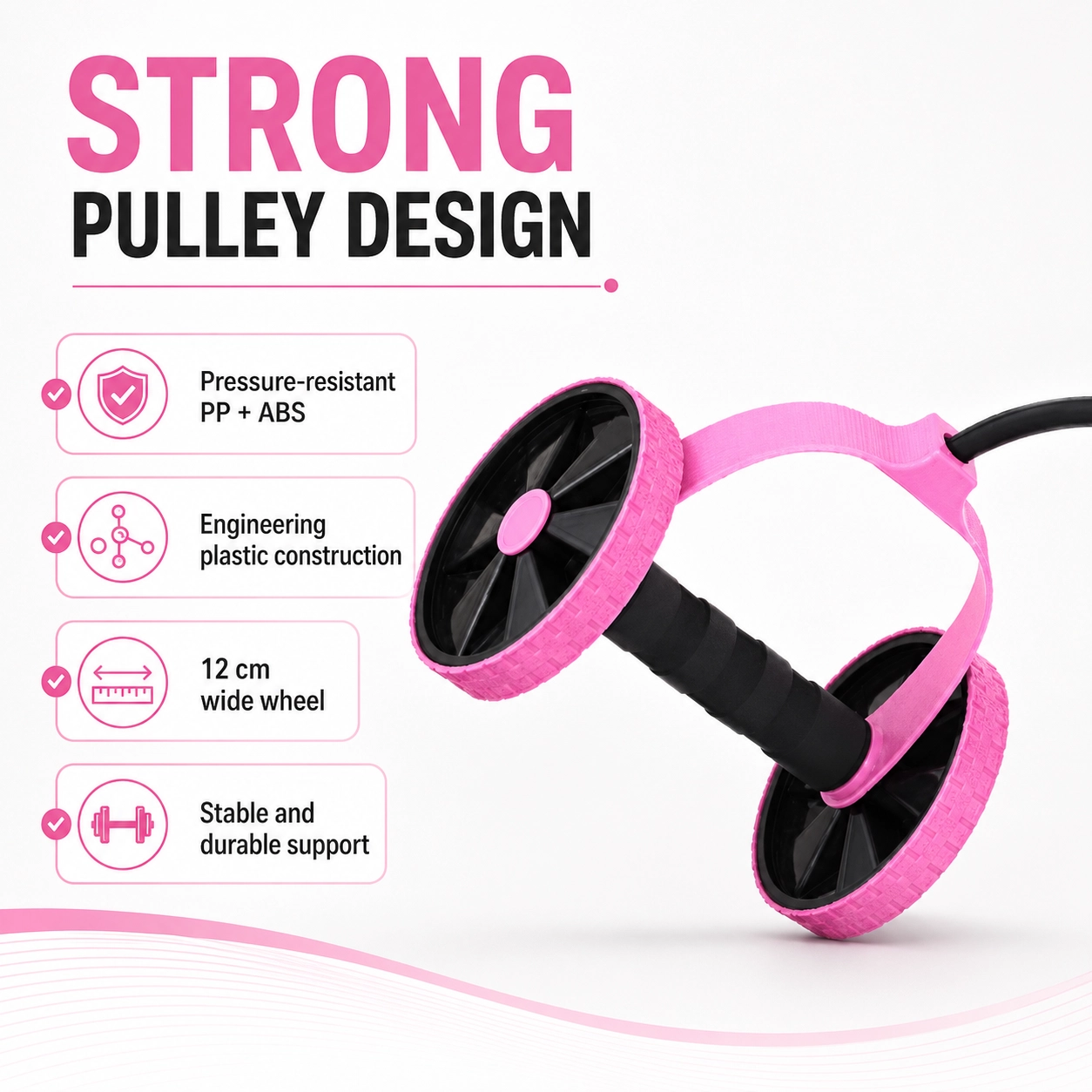 Pink Automatic Rebound Ab Roller with 12cm Wide Dual Wheels and Strong Pulley Design