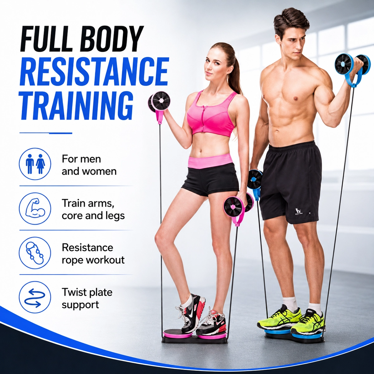 EM-1843-B Full Body Resistance Trainer with Resistance Ropes, Twist Plate and Dual Ab Rollers for Men and Women