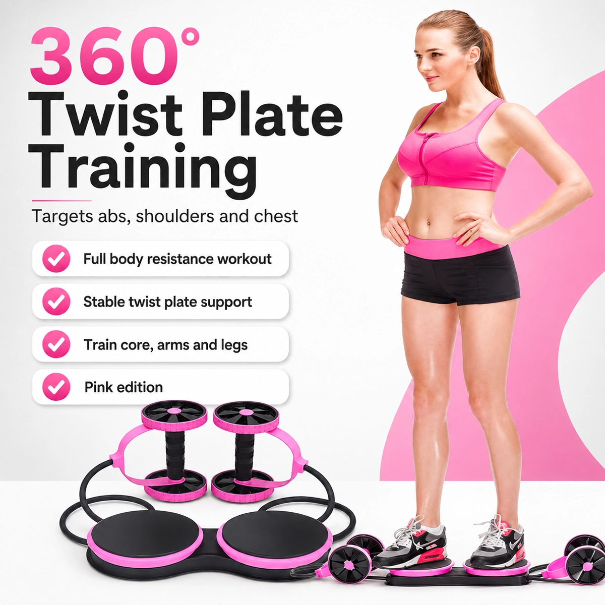 360° Twist Plate Ab Roller with Resistance Bands for Full Body Home Workout
