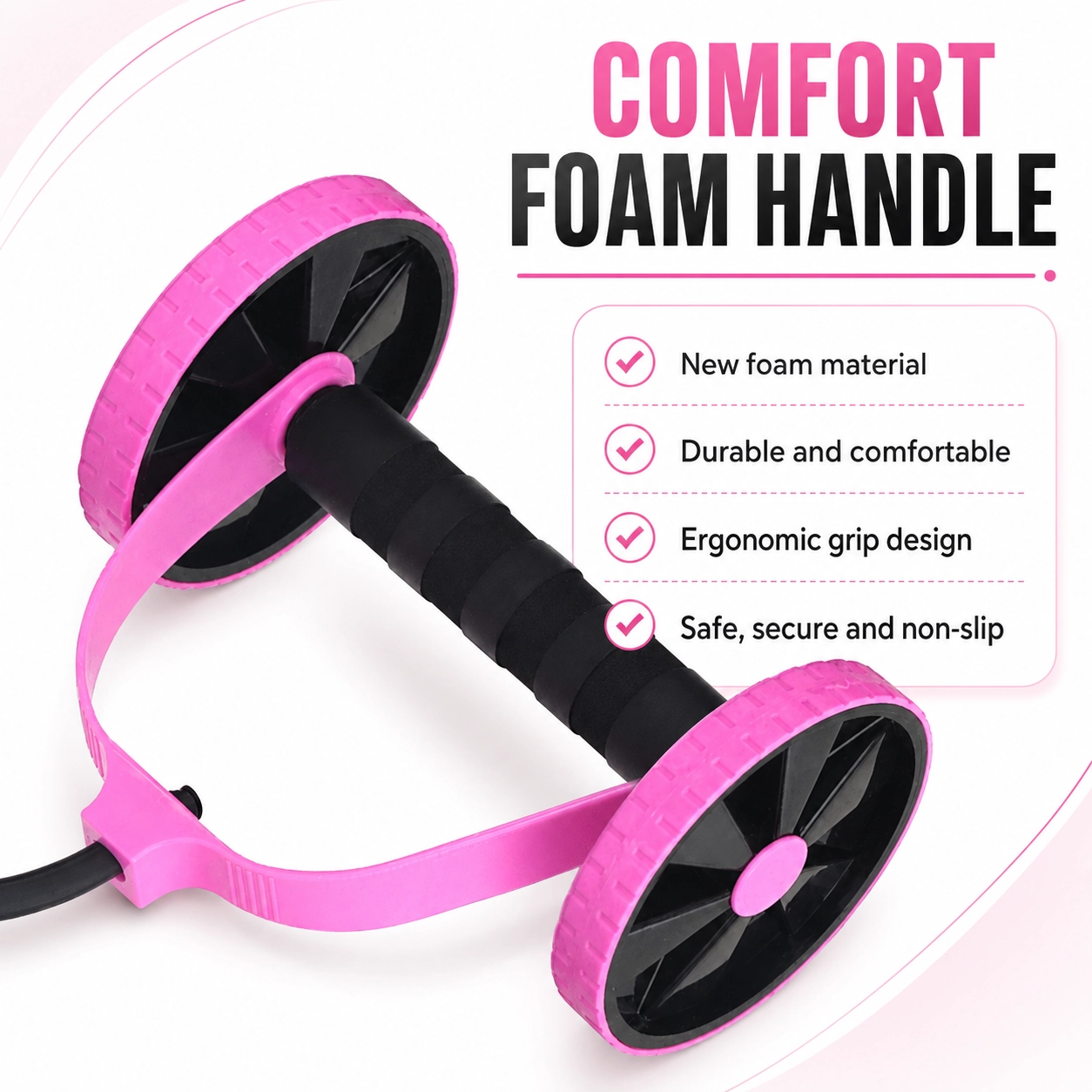 Pink automatic rebound ab roller with ergonomic foam handle, dual wheels, and non-slip grip for comfortable core workouts