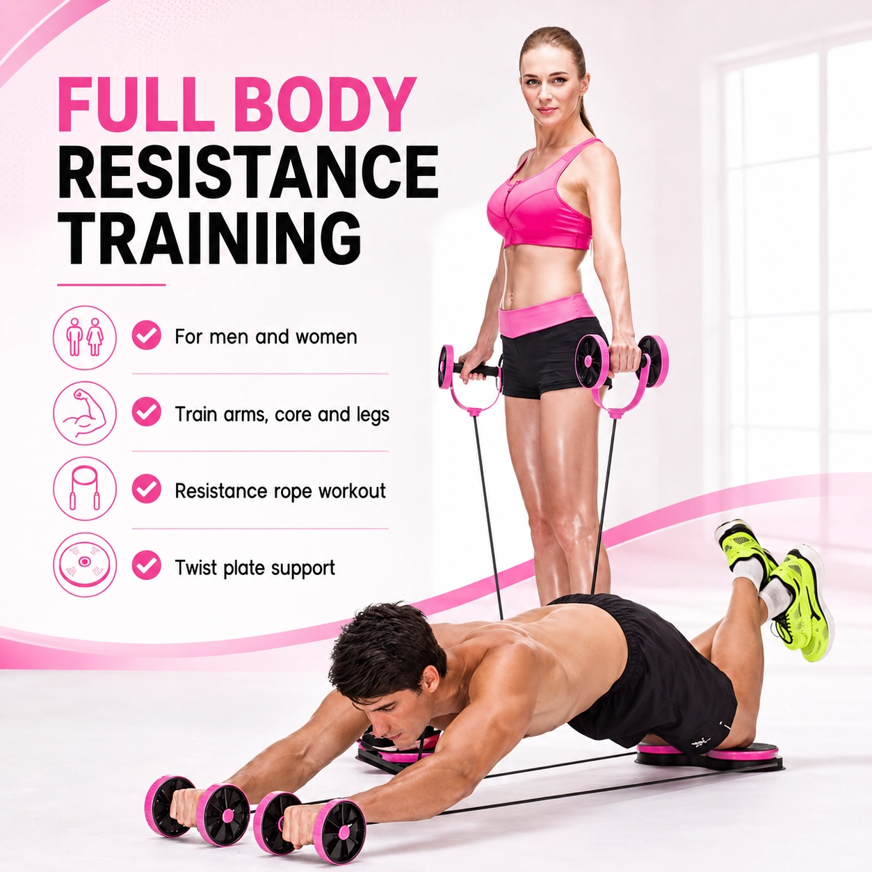 Pink Ab Roller with Resistance Bands and EVA Twist Plates for Full Body Core Workout