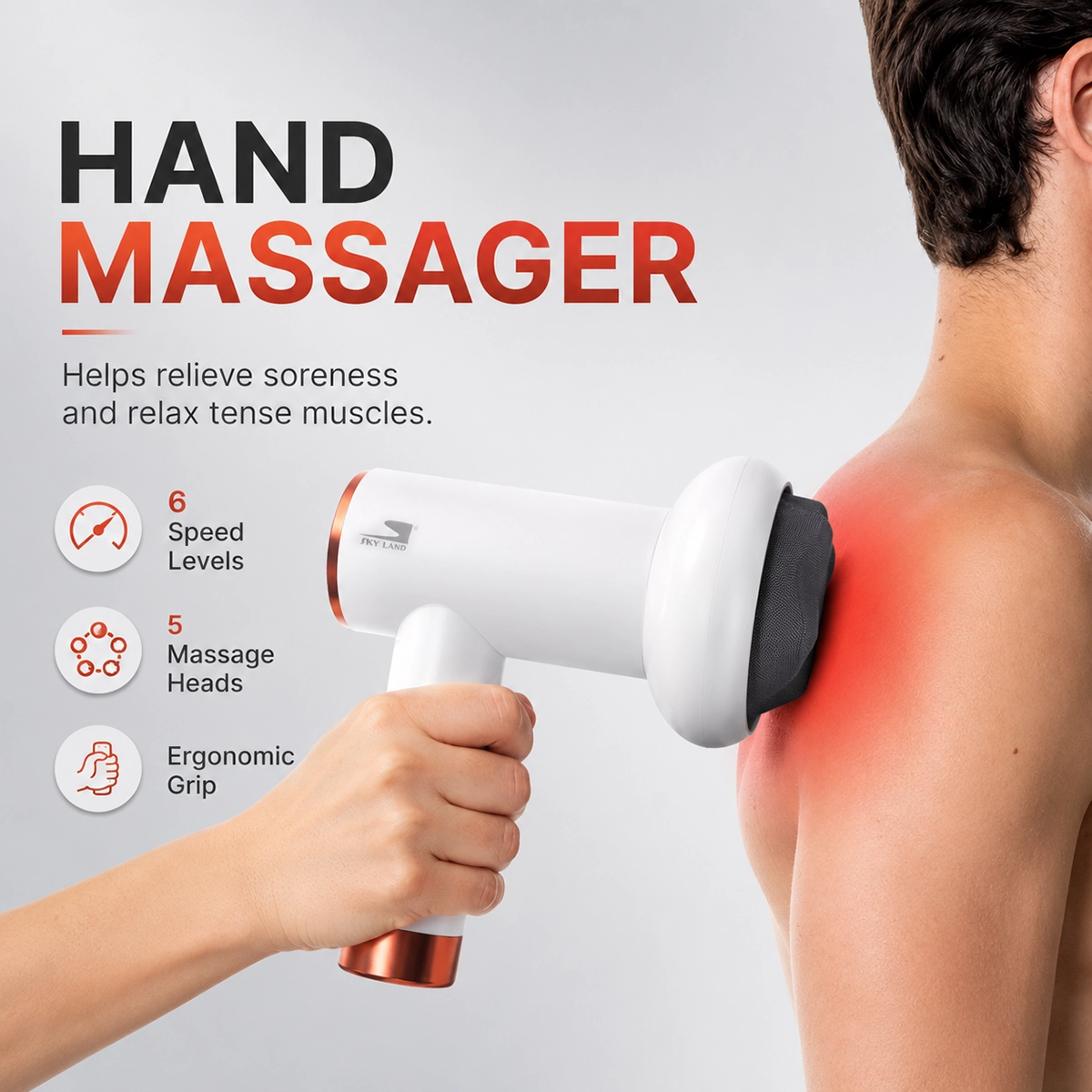 SKY LAND EM-4139 cordless deep tissue massage gun providing targeted shoulder massage with 6 speed levels, 5 interchangeable massage heads, and ergonomic handheld design for muscle recovery.