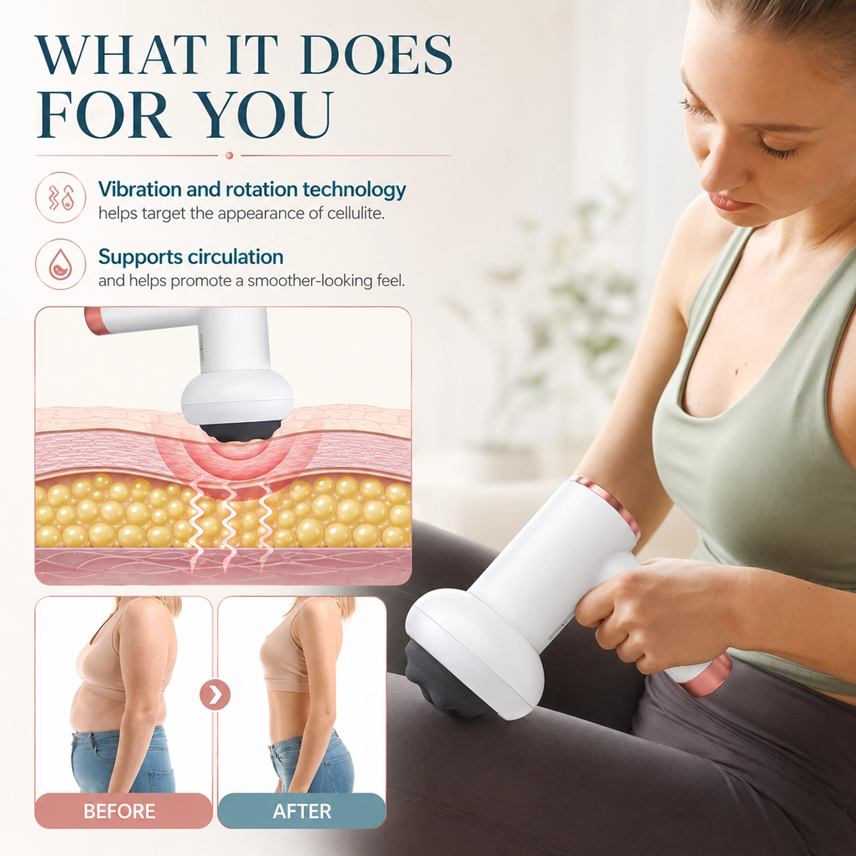 SKY LAND EM-4139 handheld deep tissue massage gun demonstrating vibration and rotation technology for body contouring, cellulite care, improved circulation, muscle recovery, and targeted massage therapy.