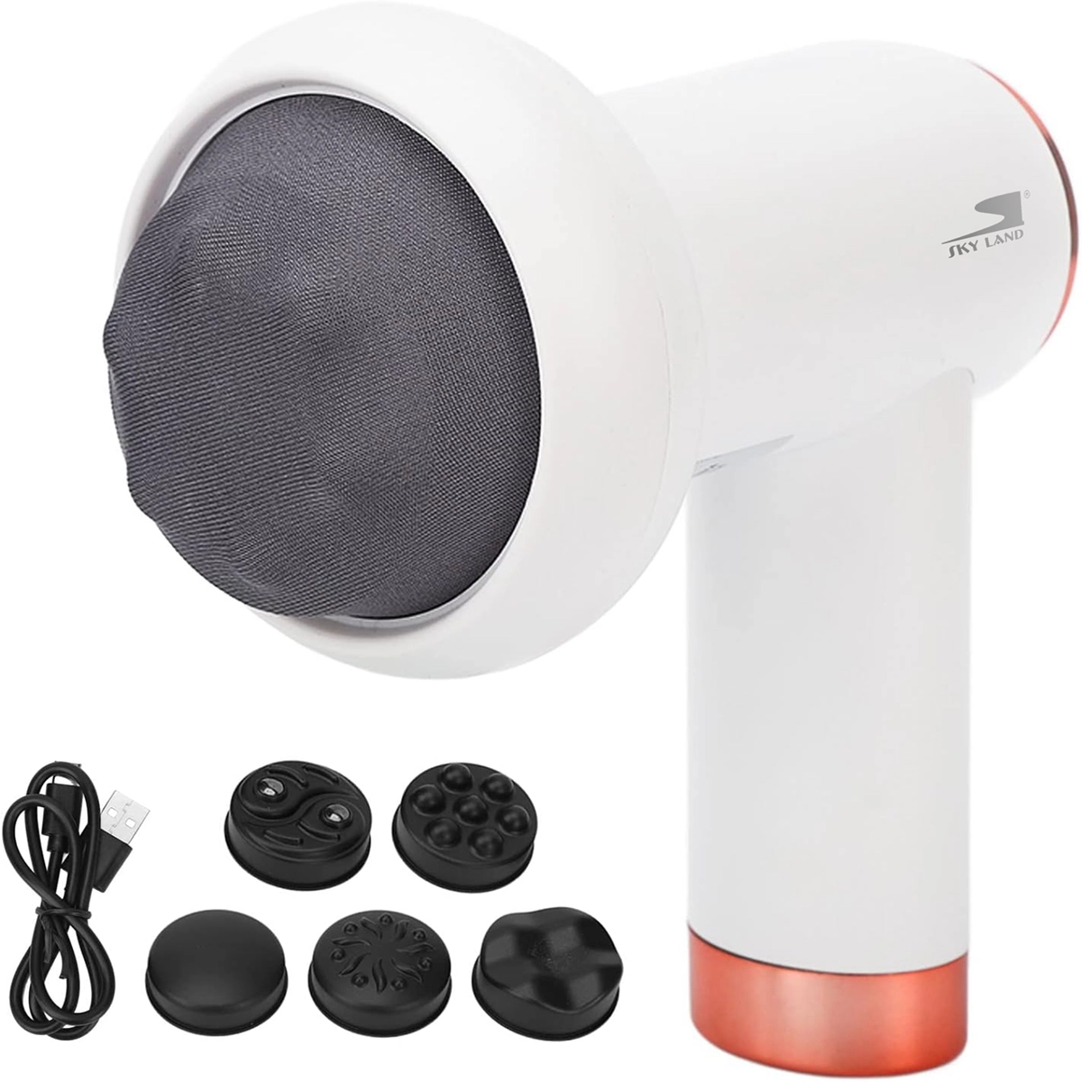 SKY LAND EM-4139 cordless 5-in-1 deep tissue massage gun with 5 interchangeable massage heads, 6 speed levels, USB charging, and handheld ergonomic design for muscle recovery.