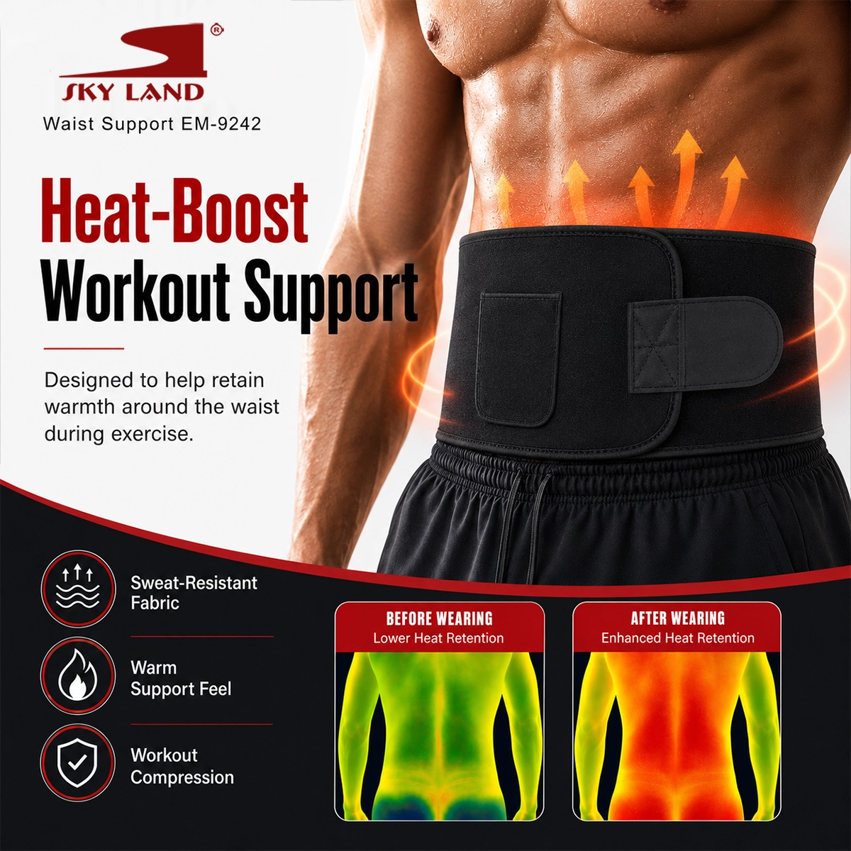 SKY LAND Waist Support Sweat Belt for Men and Women - Contoured Non-Slip Waist Trainer, Black - EM-9242 - Image 5