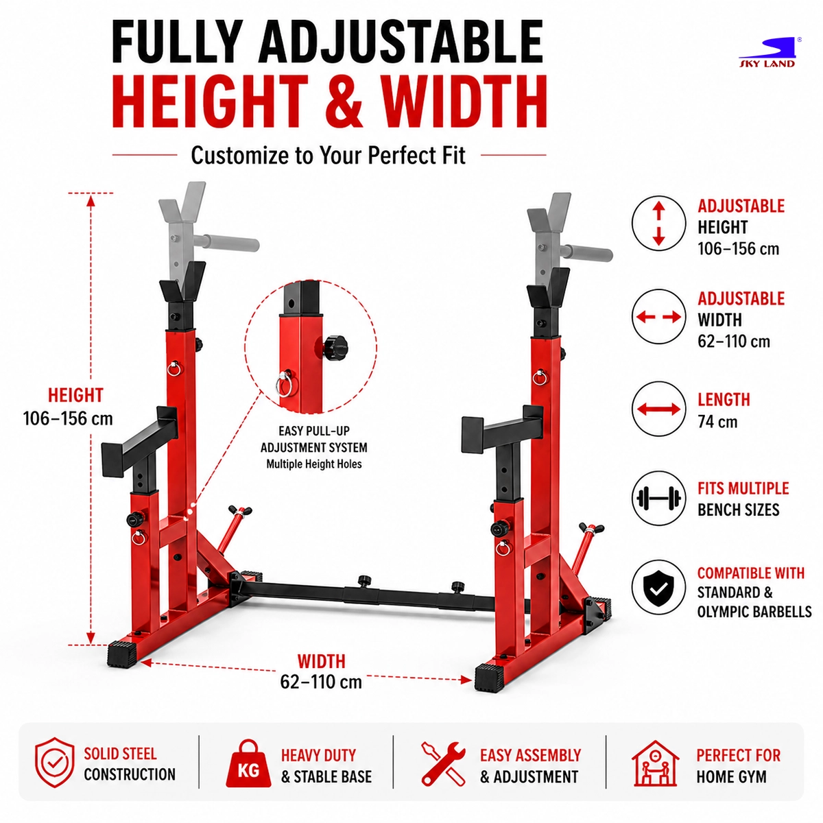 SKY LAND GM-8139 Fully Adjustable Squat Rack with Height and Width Adjustment for Home Gym Strength Training