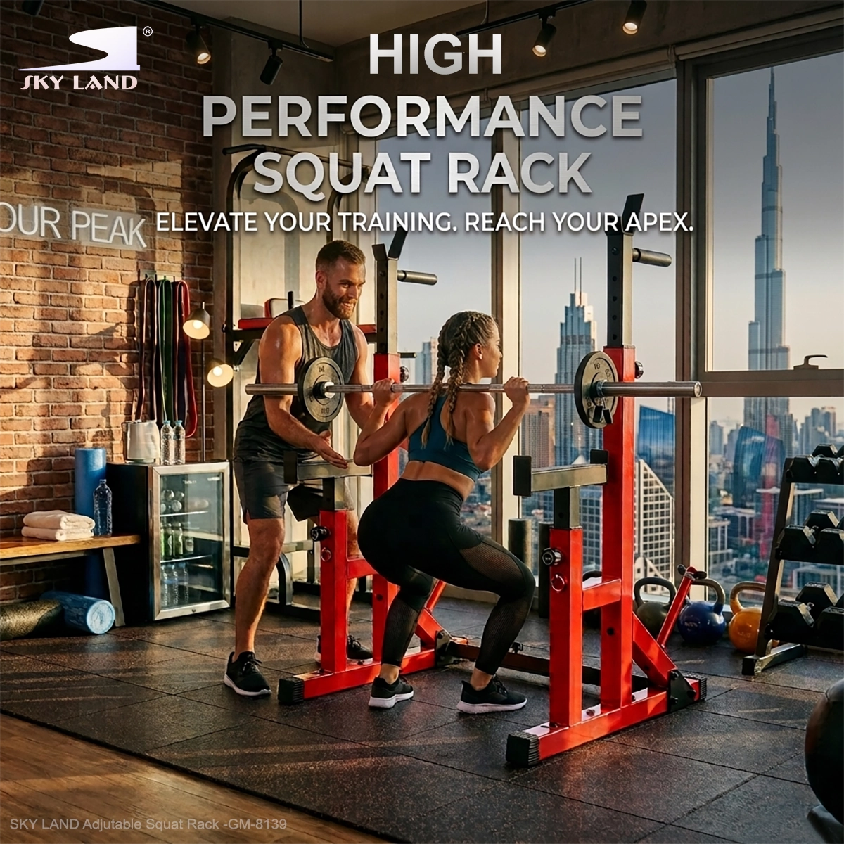 SKY LAND GM-8139 Adjustable Squat Rack with Spotter Arms for Barbell Squats and Strength Training