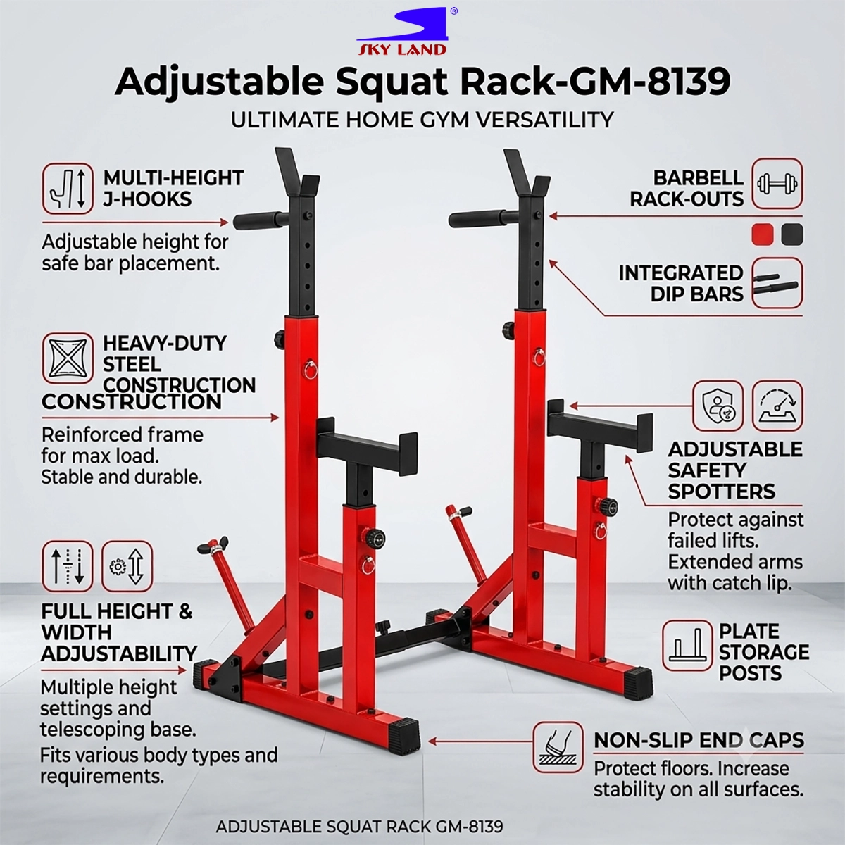 SKY LAND GM-8139 Adjustable Squat Rack with Multi-Height J-Hooks, Safety Spotters and Dip Bars
