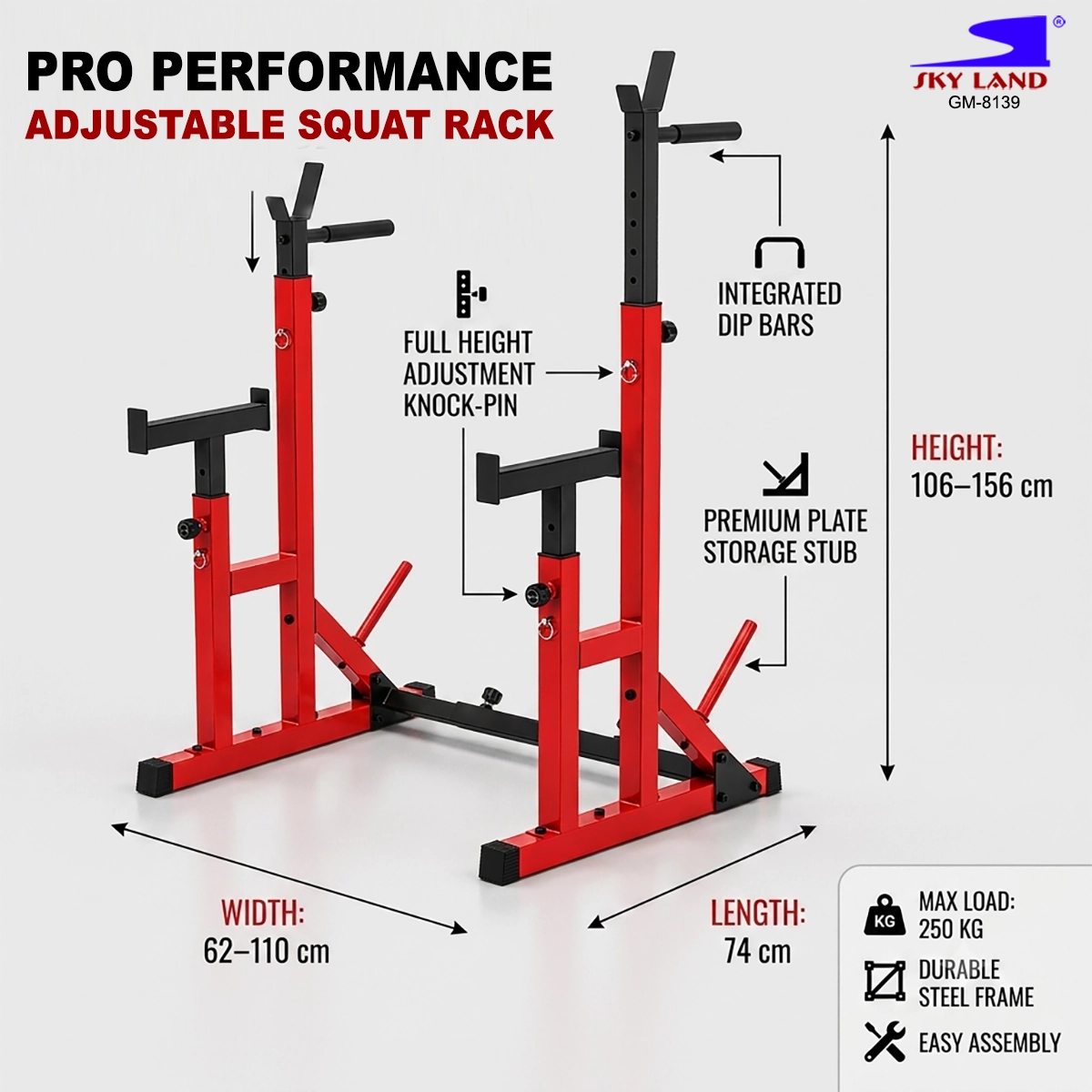 SKY LAND GM-8139 Adjustable Squat Rack with 250kg Capacity, Height and Width Adjustable Power Rack