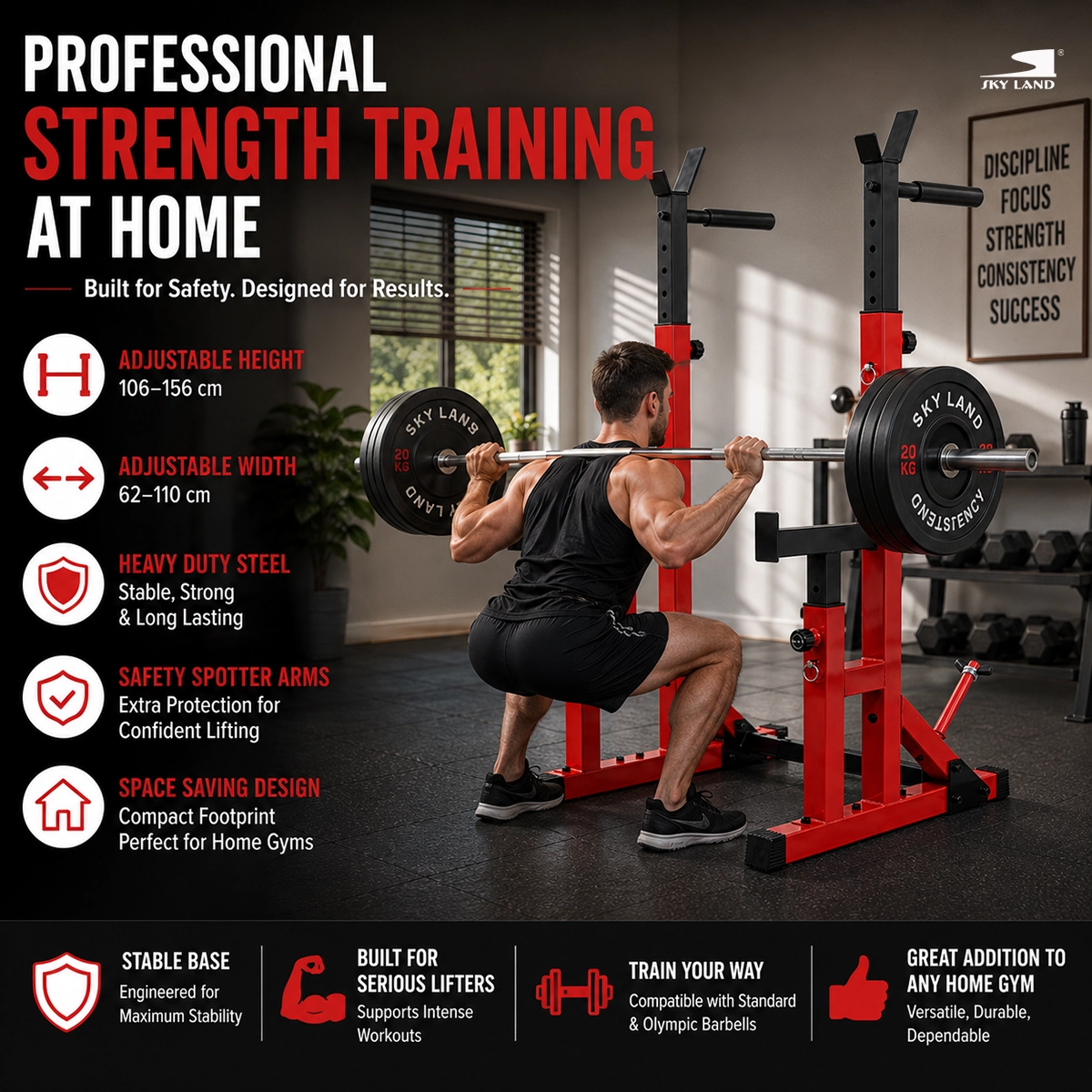 SKY LAND GM-8139 Adjustable Squat Rack for Home Gym with Safety Spotter Arms and Heavy Duty Steel Frame