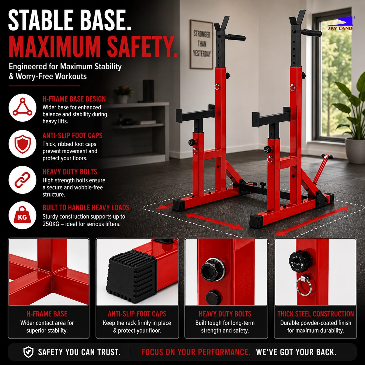 SKY LAND GM-8139 Adjustable Squat Rack with Stable H-Frame Base, Anti-Slip Feet and Heavy-Duty Steel Construction