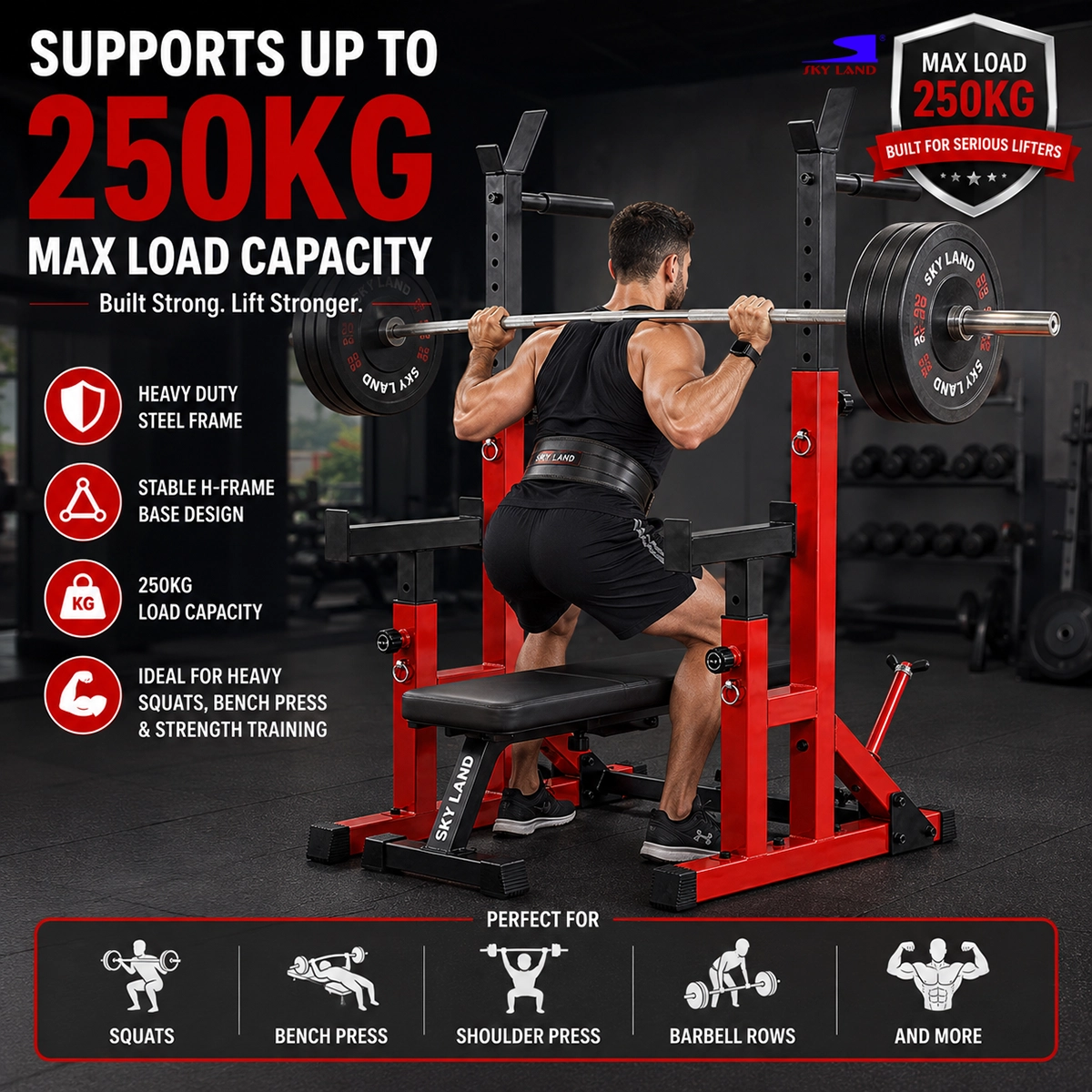 SKY LAND GM-8139 Adjustable Squat Rack Supporting 250kg for Squats, Bench Press and Strength Training