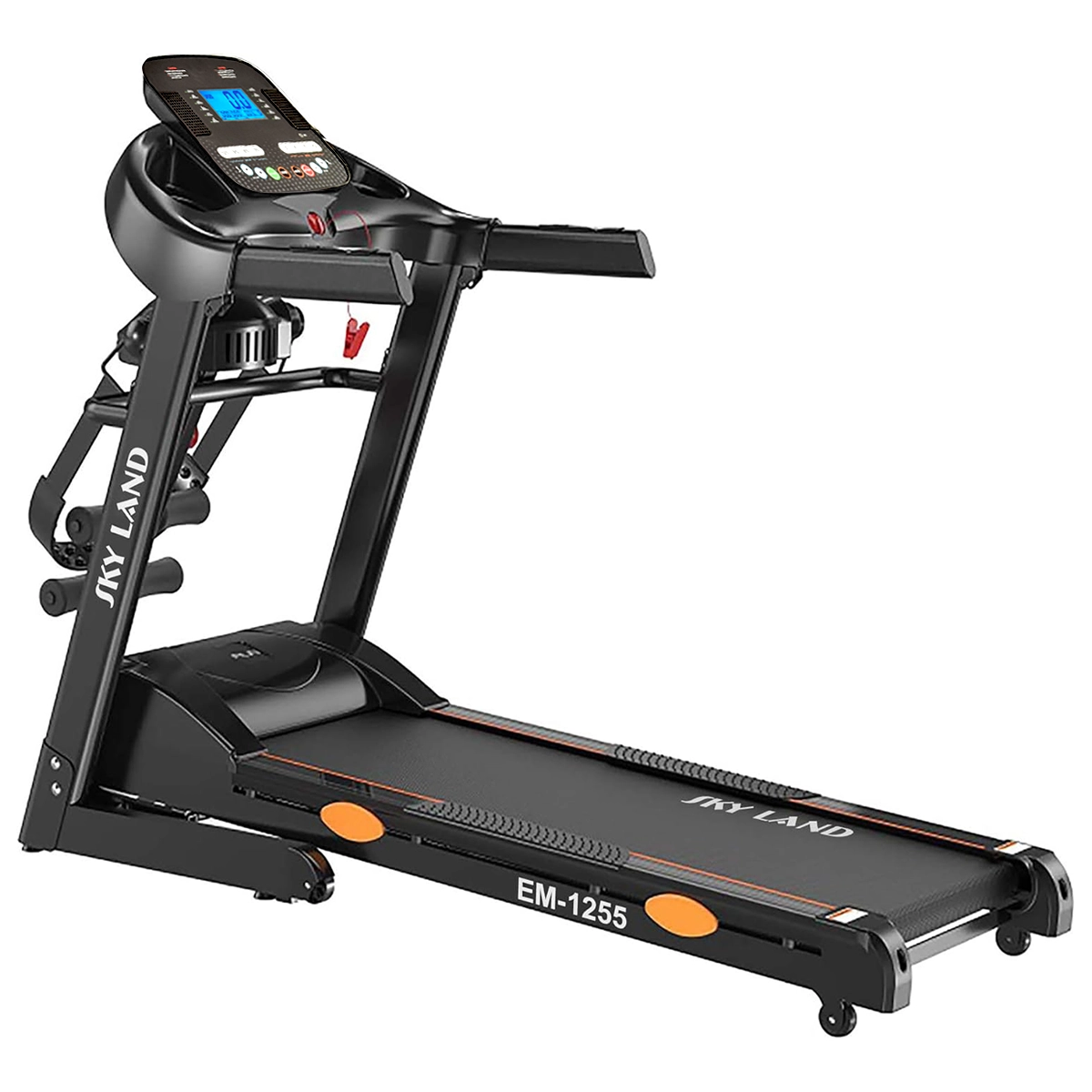 SKY LAND EM-1255 foldable treadmill featuring a powerful motor, integrated massager attachment, multi-function home fitness design, transport wheels, LCD console, and shock absorption system for walking, jogging, and running workouts.