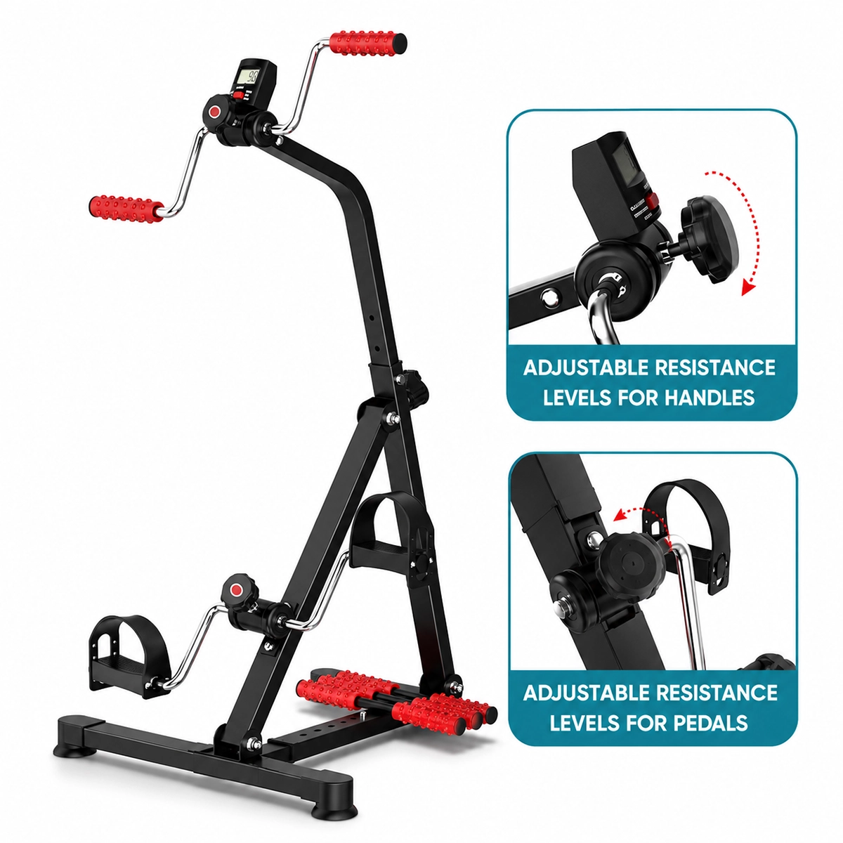 SKY LAND Portable Pedal Exerciser for Arms and Legs, Foldable Mini Peddler with Adjustable Resistance, LCD Monitor and Foot Massage Rollers, EM-1862, Black-Red - Image 8