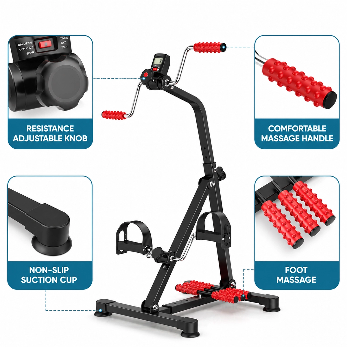 SKY LAND Portable Pedal Exerciser for Arms and Legs, Foldable Mini Peddler with Adjustable Resistance, LCD Monitor and Foot Massage Rollers, EM-1862, Black-Red - Image 9