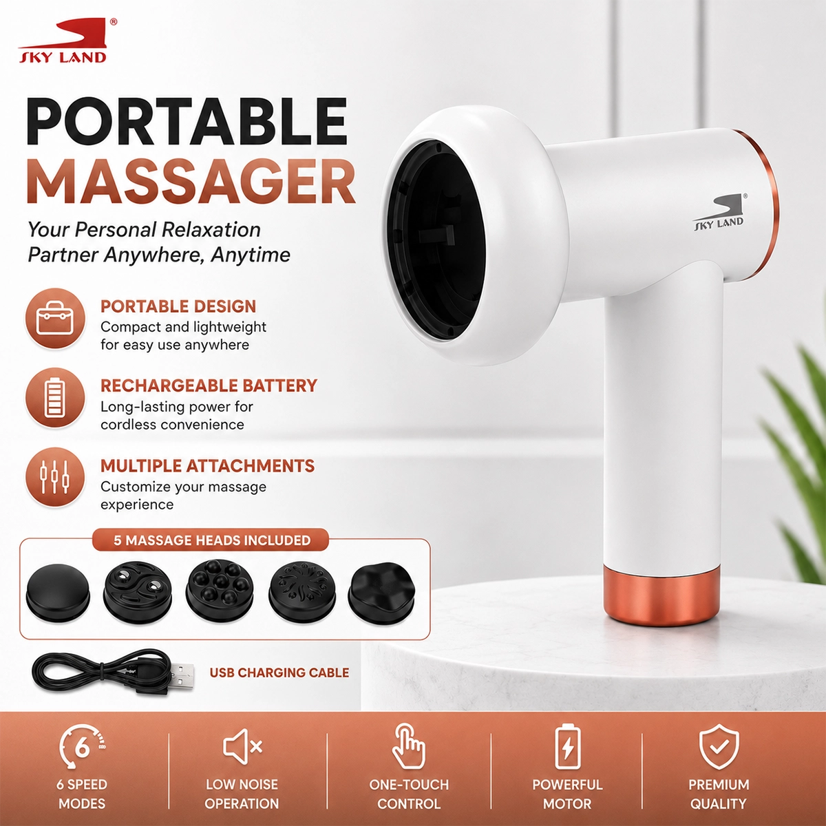 SKY LAND EM-4139 portable cordless massage gun with 5 interchangeable massage heads, USB charging cable, 6 speed modes, low-noise motor, and ergonomic one-touch control.