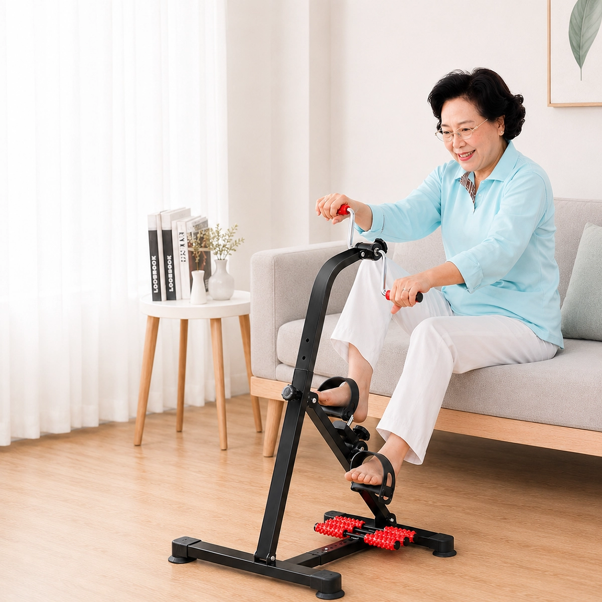 SKY LAND Portable Pedal Exerciser for Arms and Legs, Foldable Mini Peddler with Adjustable Resistance, LCD Monitor and Foot Massage Rollers, EM-1862, Black-Red