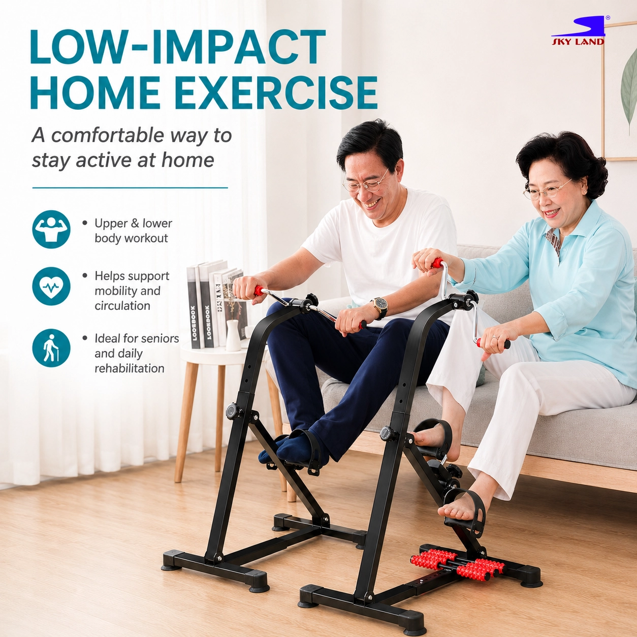 SKY LAND Portable Pedal Exerciser for Arms and Legs, Foldable Mini Peddler with Adjustable Resistance, LCD Monitor and Foot Massage Rollers, EM-1862, Black-Red - Image 2