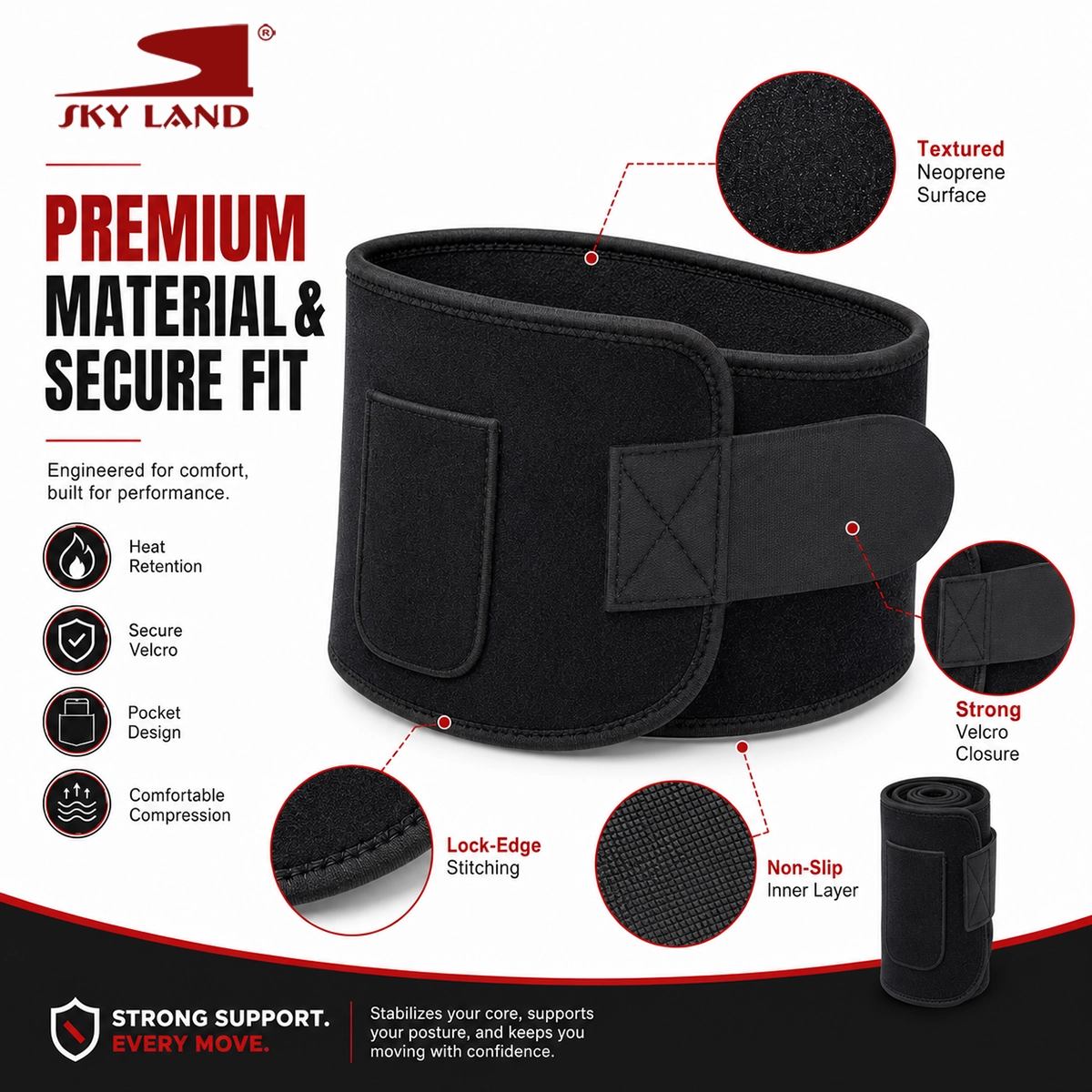 SKY LAND Waist Support Sweat Belt for Men and Women - Contoured Non-Slip Waist Trainer, Black - EM-9242 - Image 3