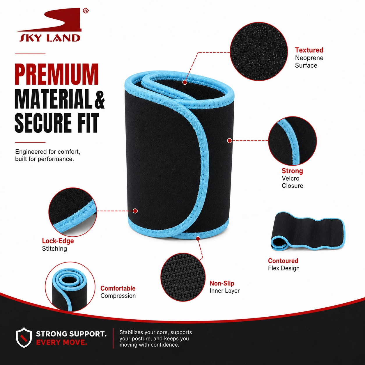 SKY LAND Waist Support Sweat Belt for Men and Women - Contoured Non-Slip Waist Trainer, Blue - EM-9242 - Image 4