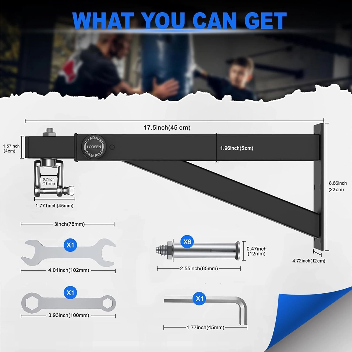 EM-1881 Heavy Duty Punching Bag Wall Mount Kit with Adjustable Arm, Mounting Hardware and Dimensions