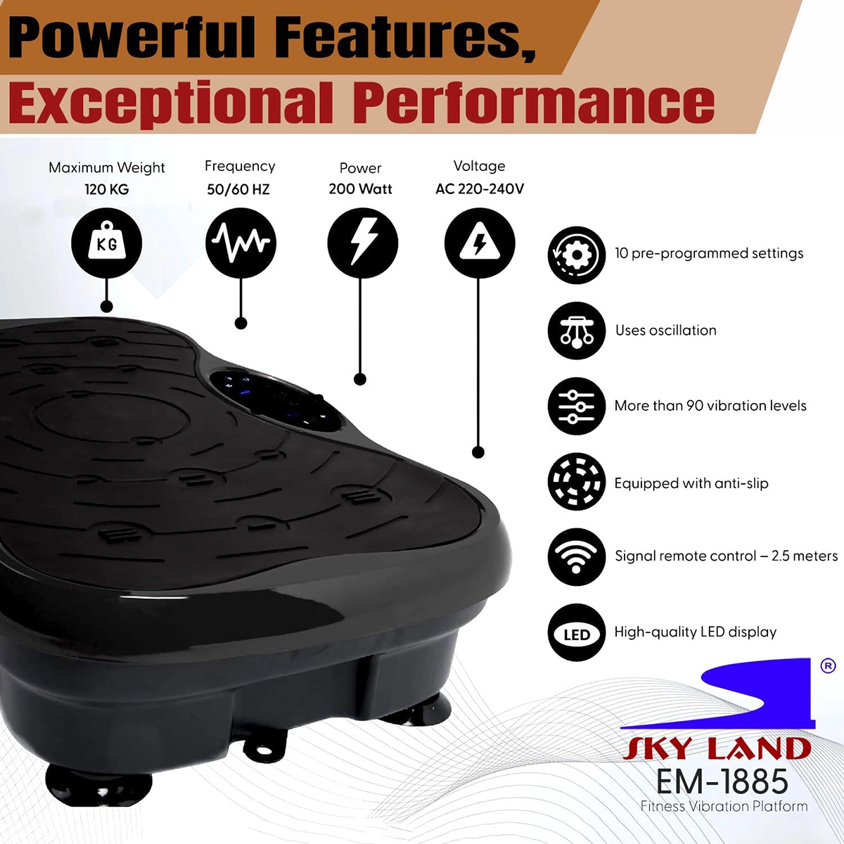 SKY LAND EM-1885 Vibration Plate with 120kg Capacity, LED Display, Remote Control and 200W Motor