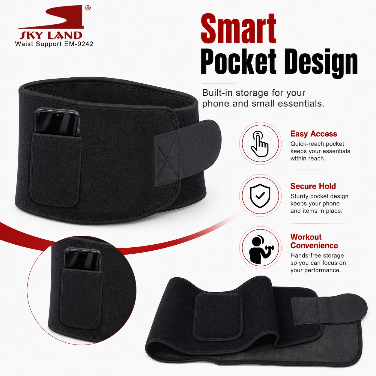 SKY LAND Waist Support Sweat Belt for Men and Women - Contoured Non-Slip Waist Trainer, Black - EM-9242 - Image 6
