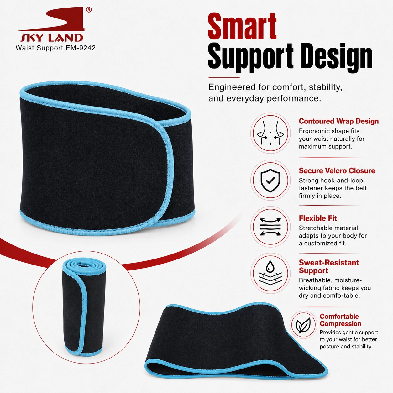 SKY LAND Waist Support Sweat Belt for Men and Women - Contoured Non-Slip Waist Trainer, Blue - EM-9242 - Image 5