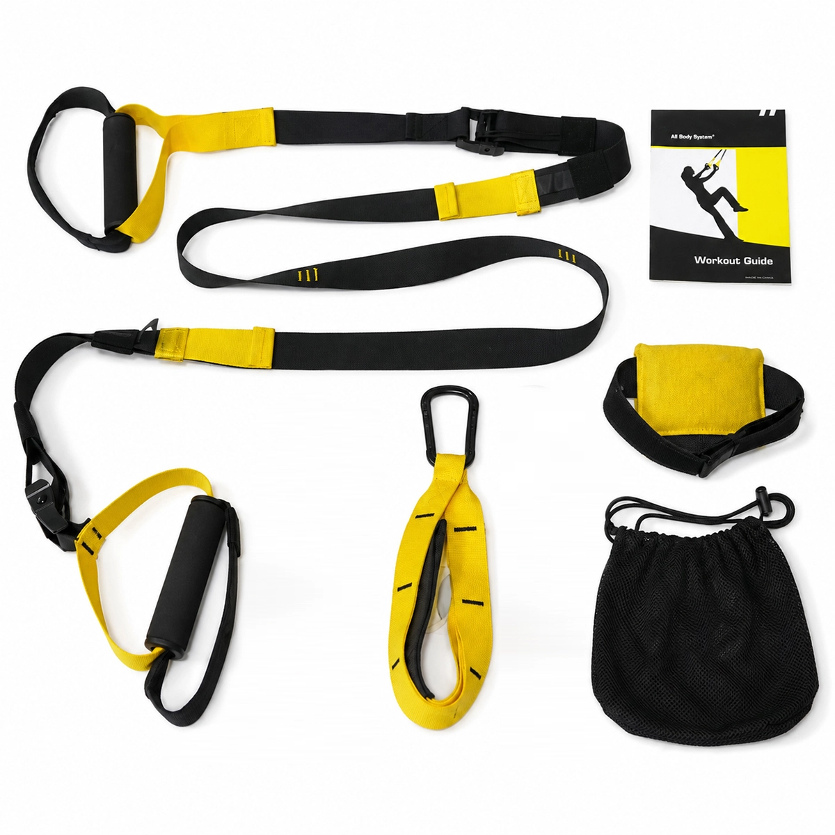 SKY LAND EM-9322 Suspension Trainer Kit with adjustable straps, padded foam handles, foot loops, door anchor, extension strap, workout guide, and mesh carry bag.
