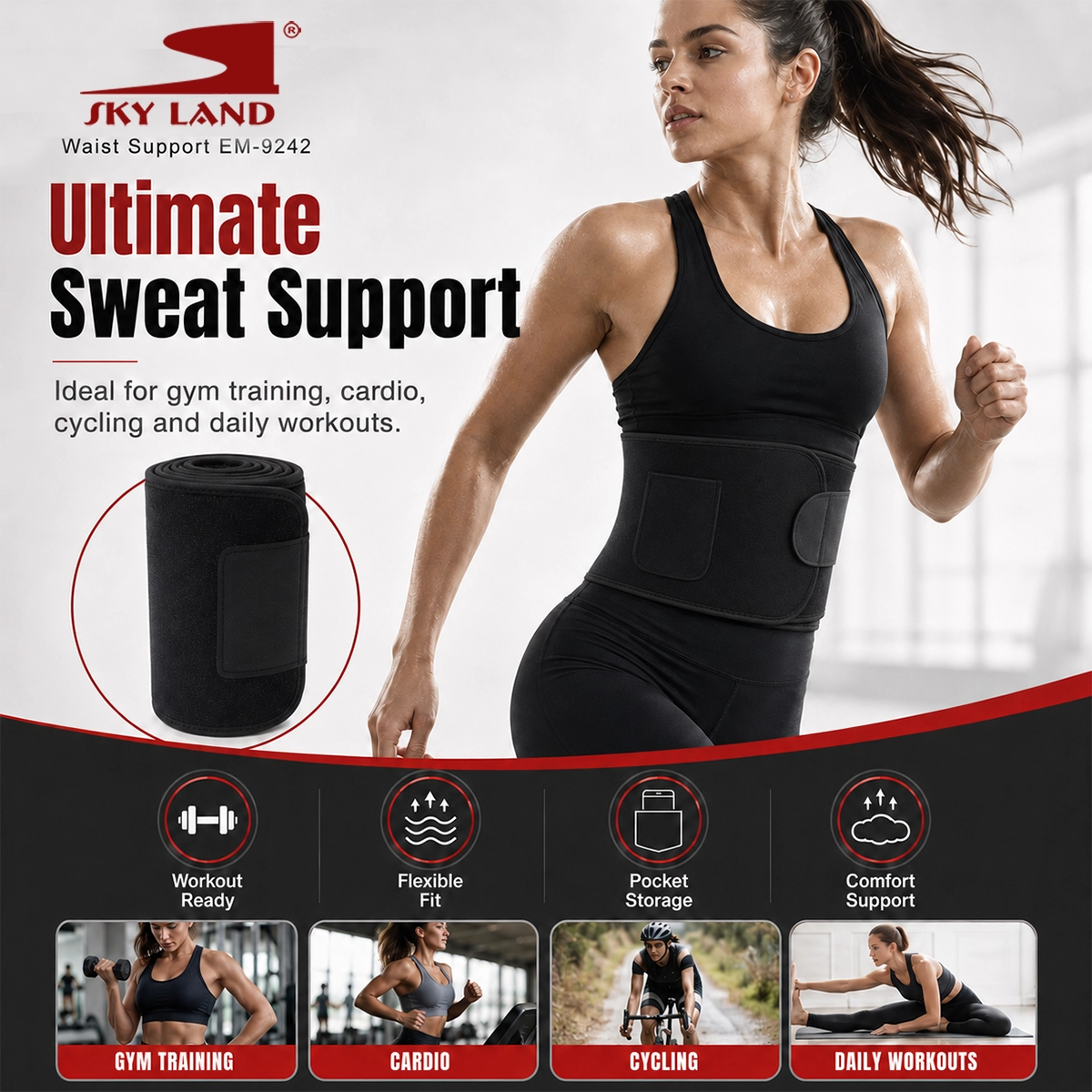 SKY LAND Waist Support Sweat Belt for Men and Women - Contoured Non-Slip Waist Trainer, Black - EM-9242 - Image 2