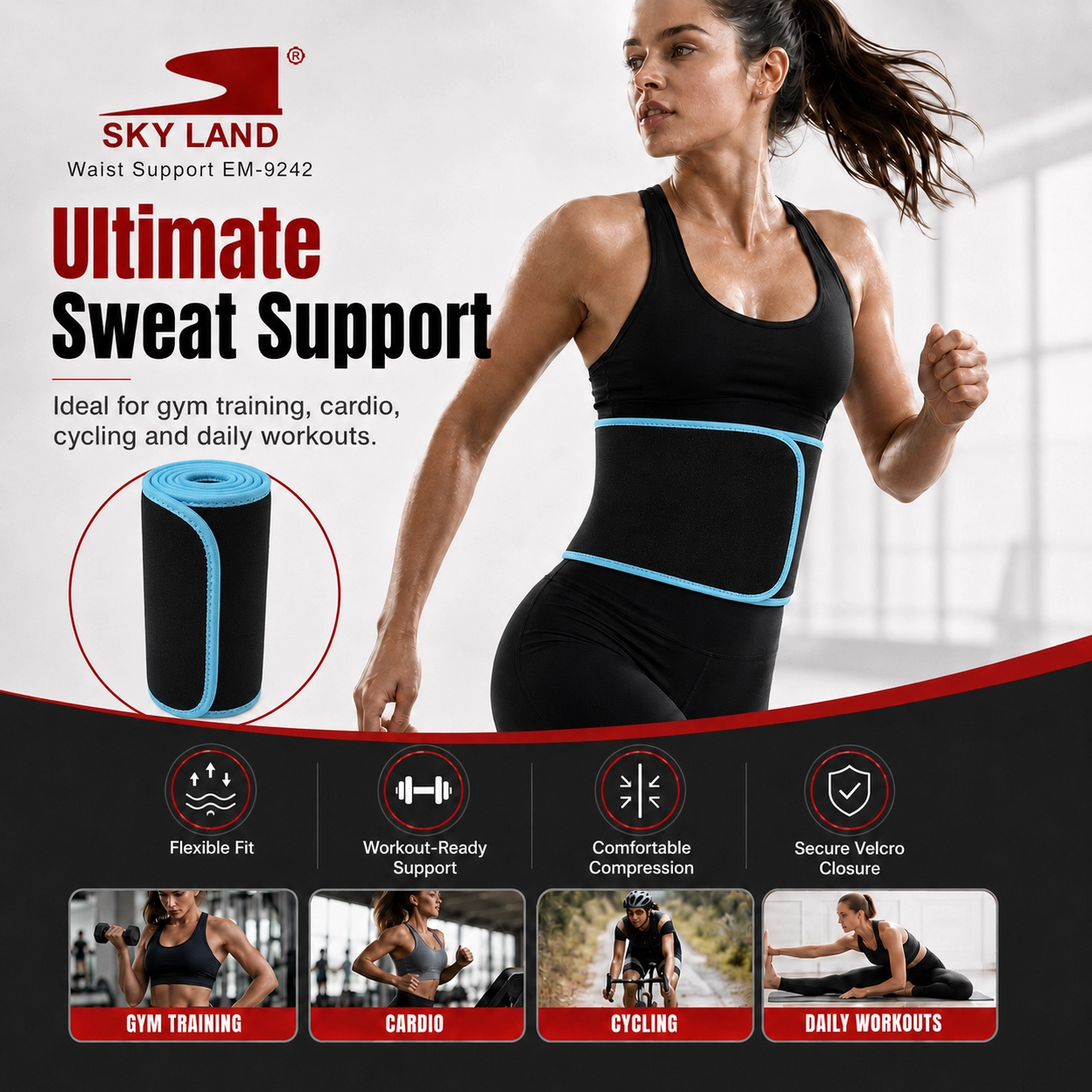 SKY LAND Waist Support Sweat Belt for Men and Women - Contoured Non-Slip Waist Trainer, Blue - EM-9242 - Image 2