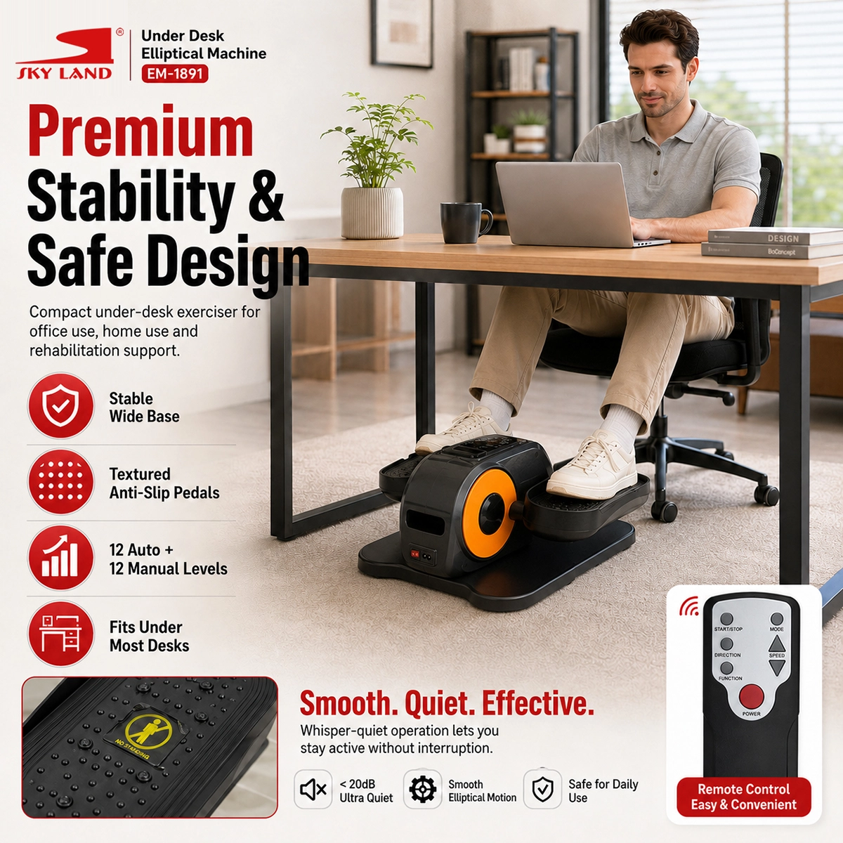 SKY LAND Under Desk Elliptical Pedal Exerciser with Remote, EM-1891 - Image 5